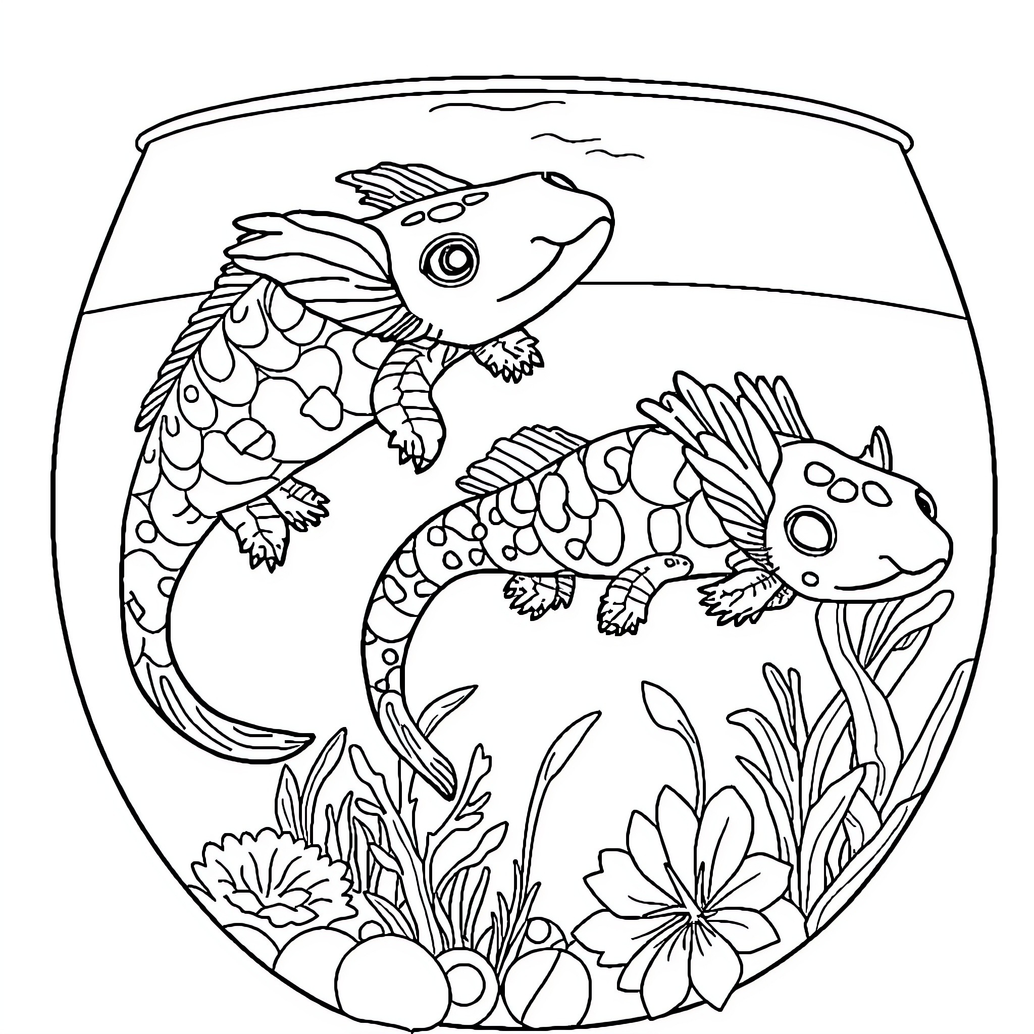 Axolotls swimming playfully in aquarium Coloring Page (free black-and-white line drawing printable PDF for all, from beginners to advanced learners, including children, teens, adults, and seniors)