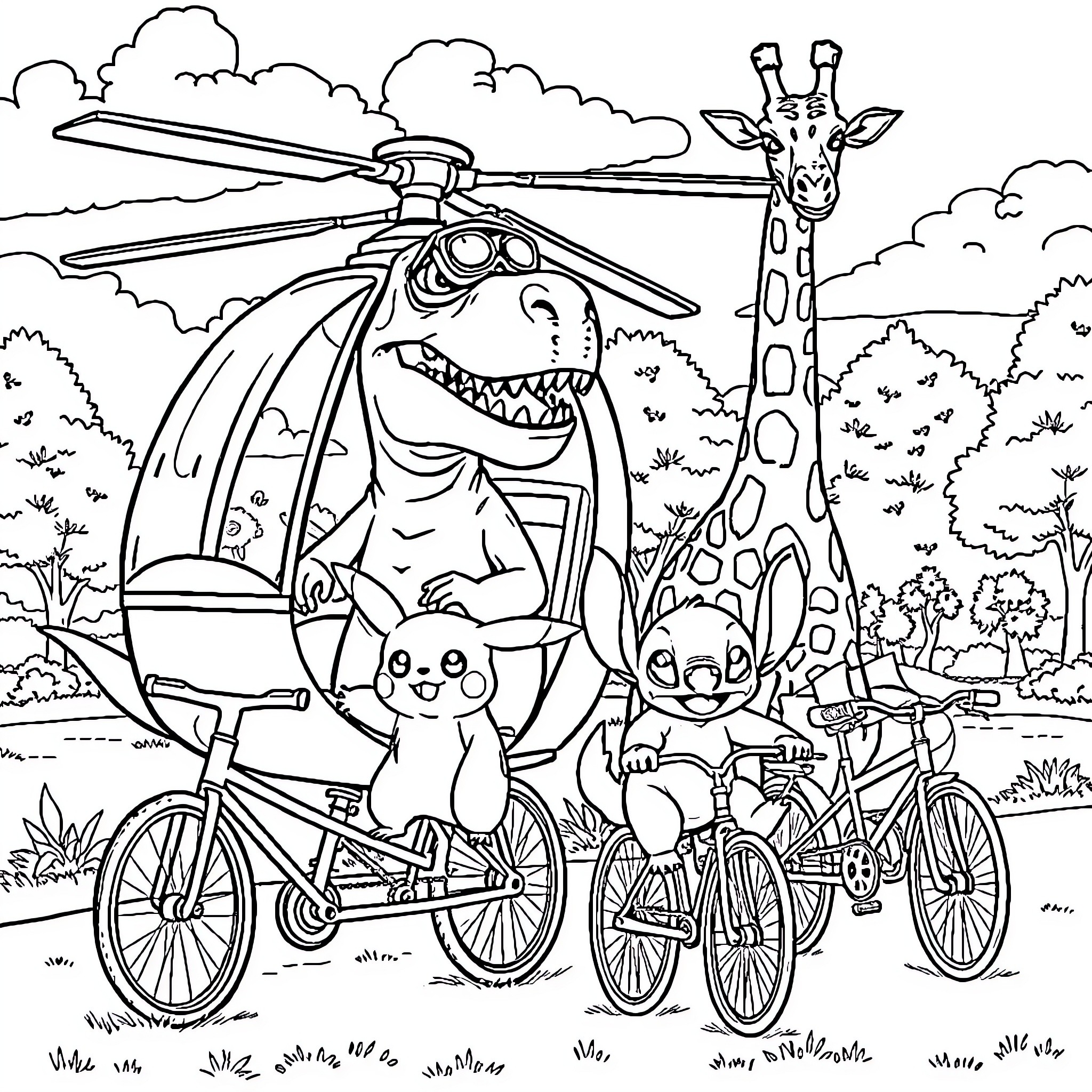 Dinosaur Friends Explore the Zoo on Bicycles Coloring Page (free black-and-white line drawing printable PDF for all, from beginners to advanced learners, including children, teens, adults, and seniors)