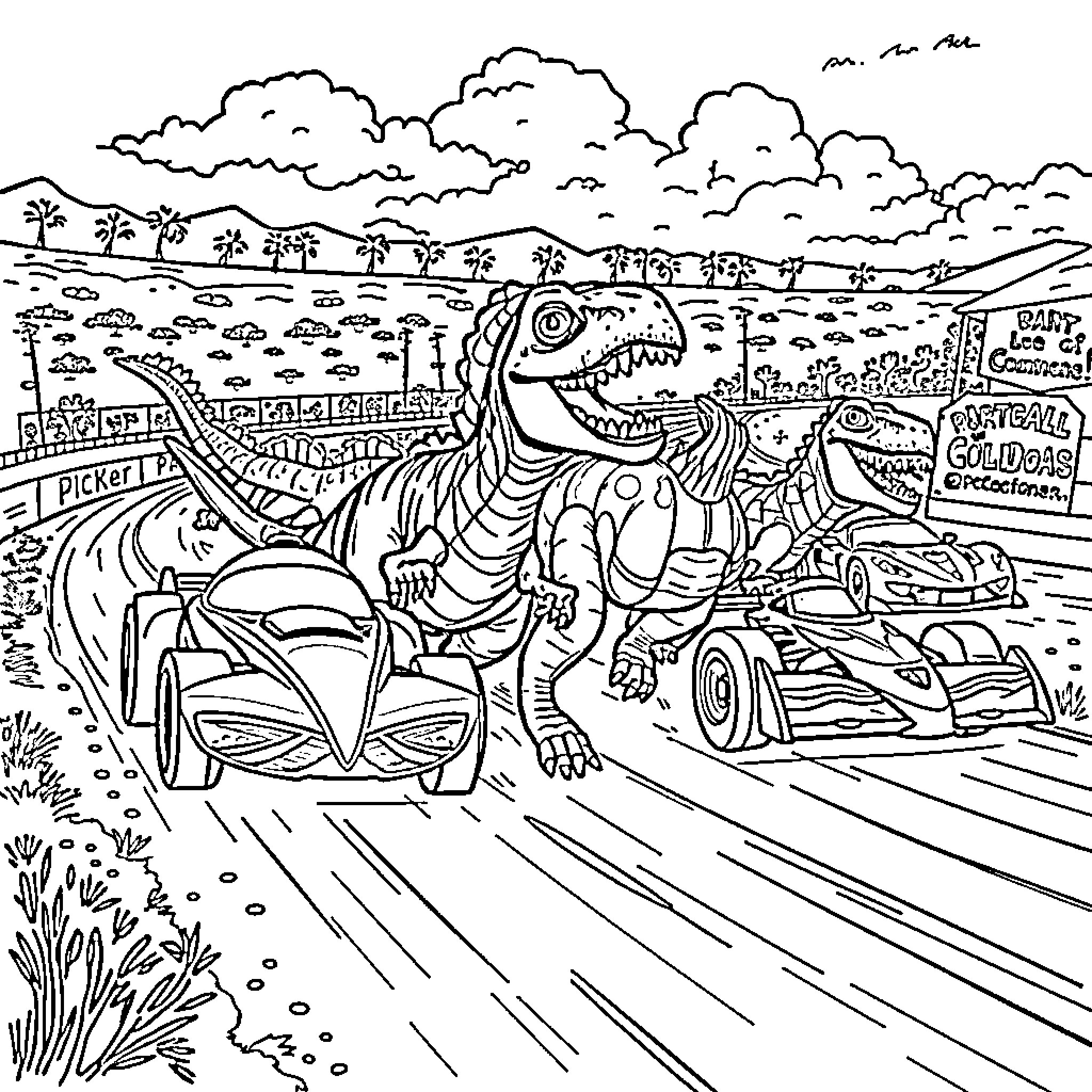 Dinosaur racing through a fantastical landscape Coloring Page (free black-and-white line drawing printable PDF for all, from beginners to advanced learners, including children, teens, adults, and seniors)