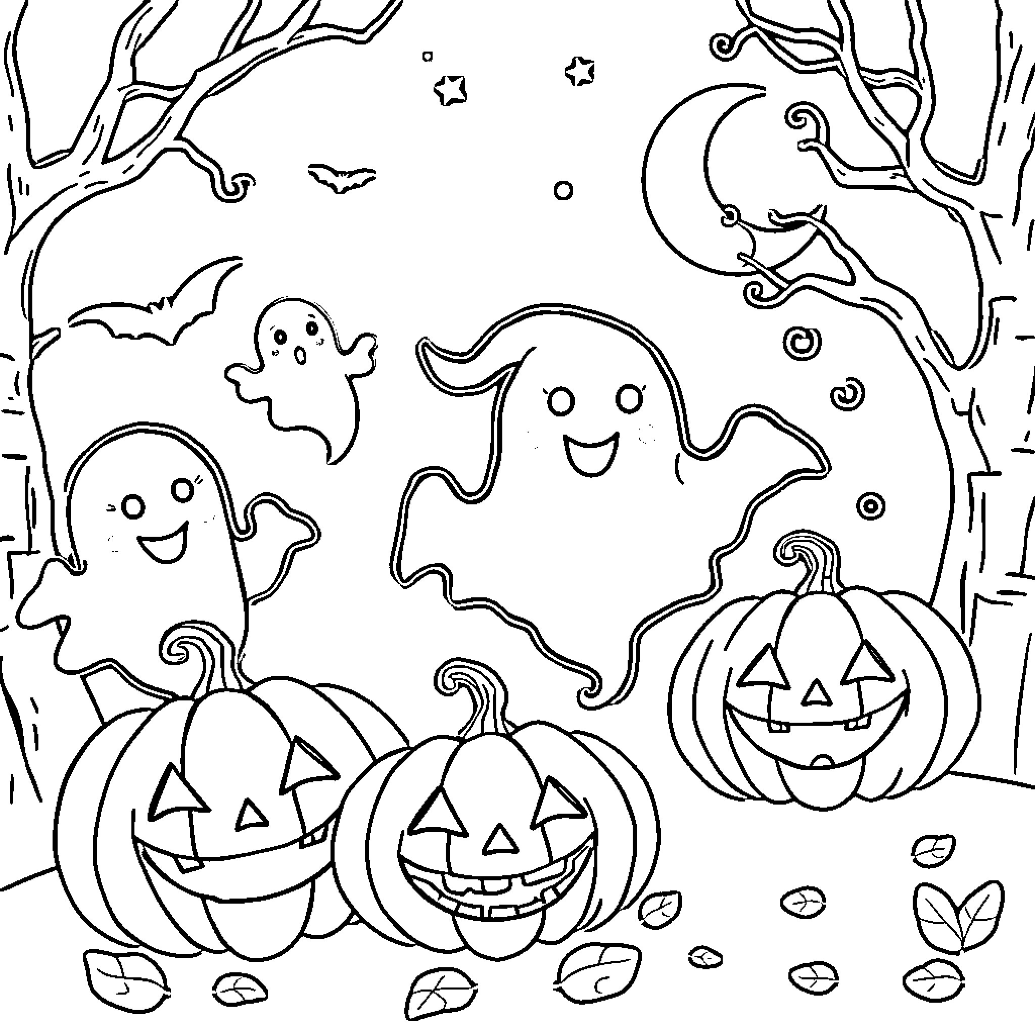 Spooky Halloween Ghosts and Pumpkins Coloring Page (free black-and-white line drawing printable PDF for all, from beginners to advanced learners, including children, teens, adults, and seniors)