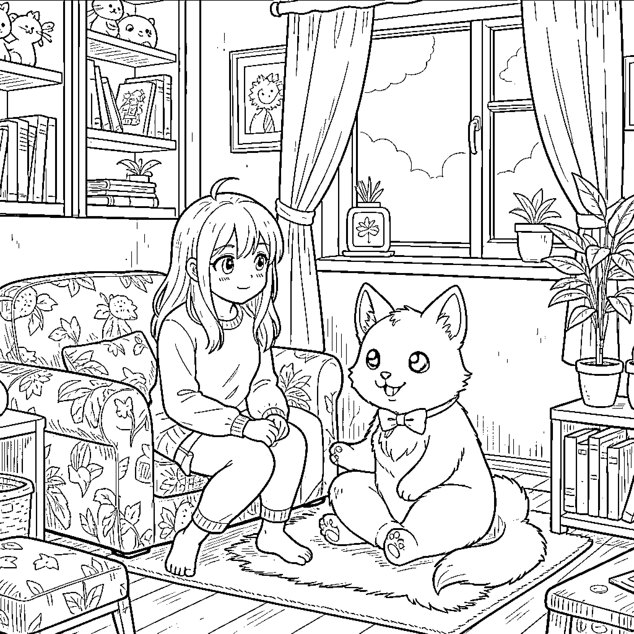 Melody sitting on a sofa with a fluffy cat Coloring Page (free black-and-white line drawing printable PDF for all, from beginners to advanced learners, including children, teens, adults, and seniors)