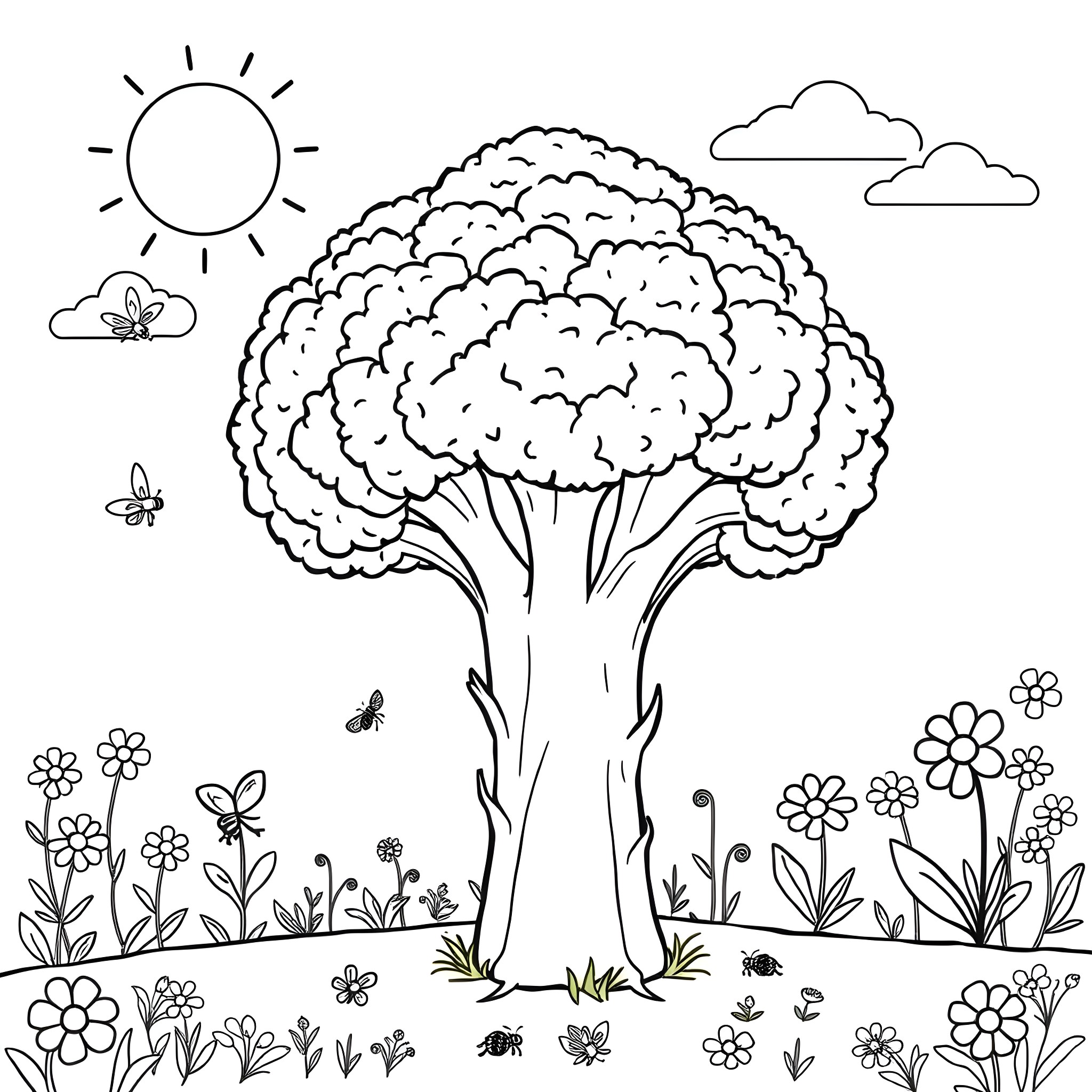 Broccoli tree and flowers in the garden Coloring Page (free black-and-white line drawing printable PDF for all, from beginners to advanced learners, including children, teens, adults, and seniors)