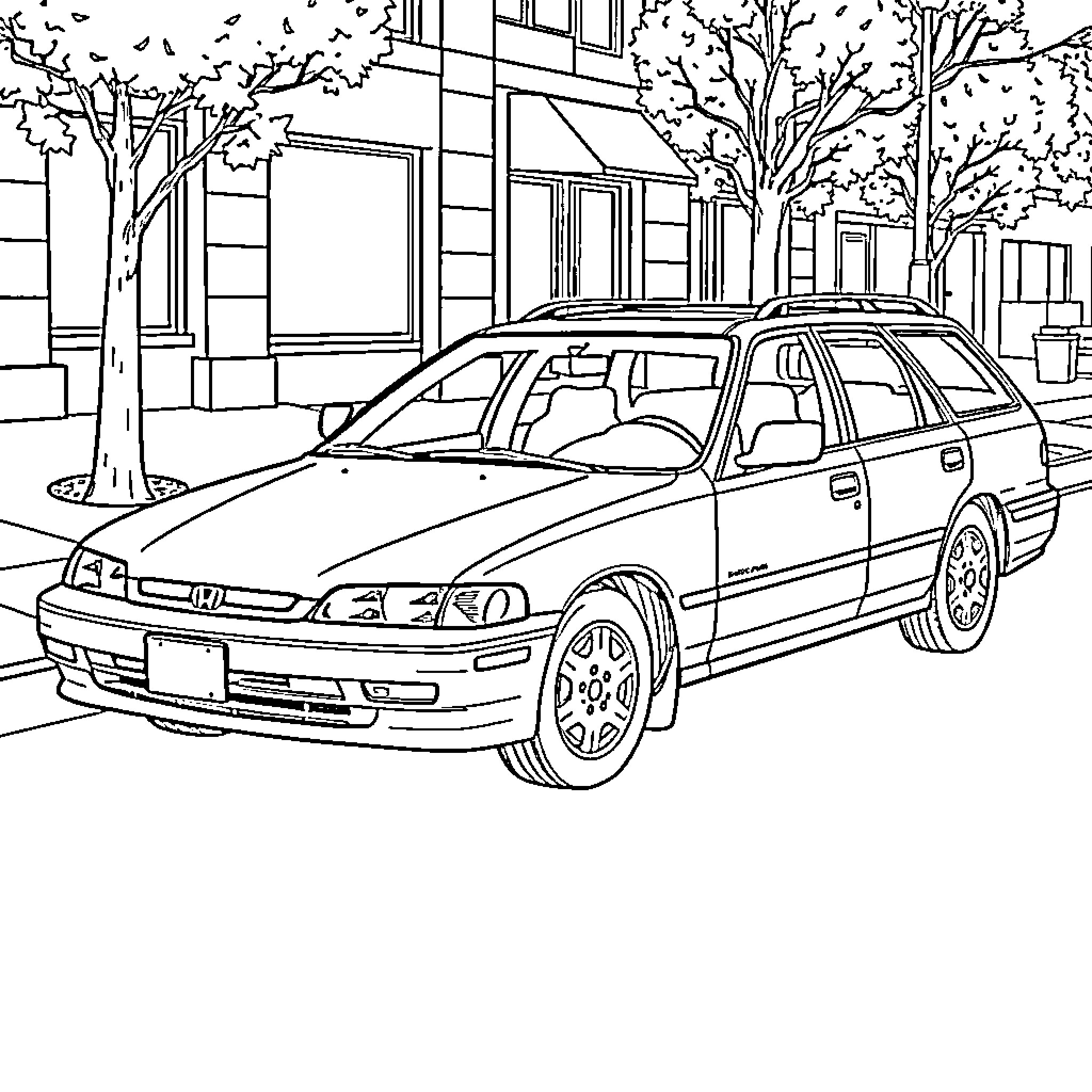 Accord Station Wagon on a City Street Coloring Page (free black-and-white line drawing printable PDF for all, from beginners to advanced learners, including children, teens, adults, and seniors)