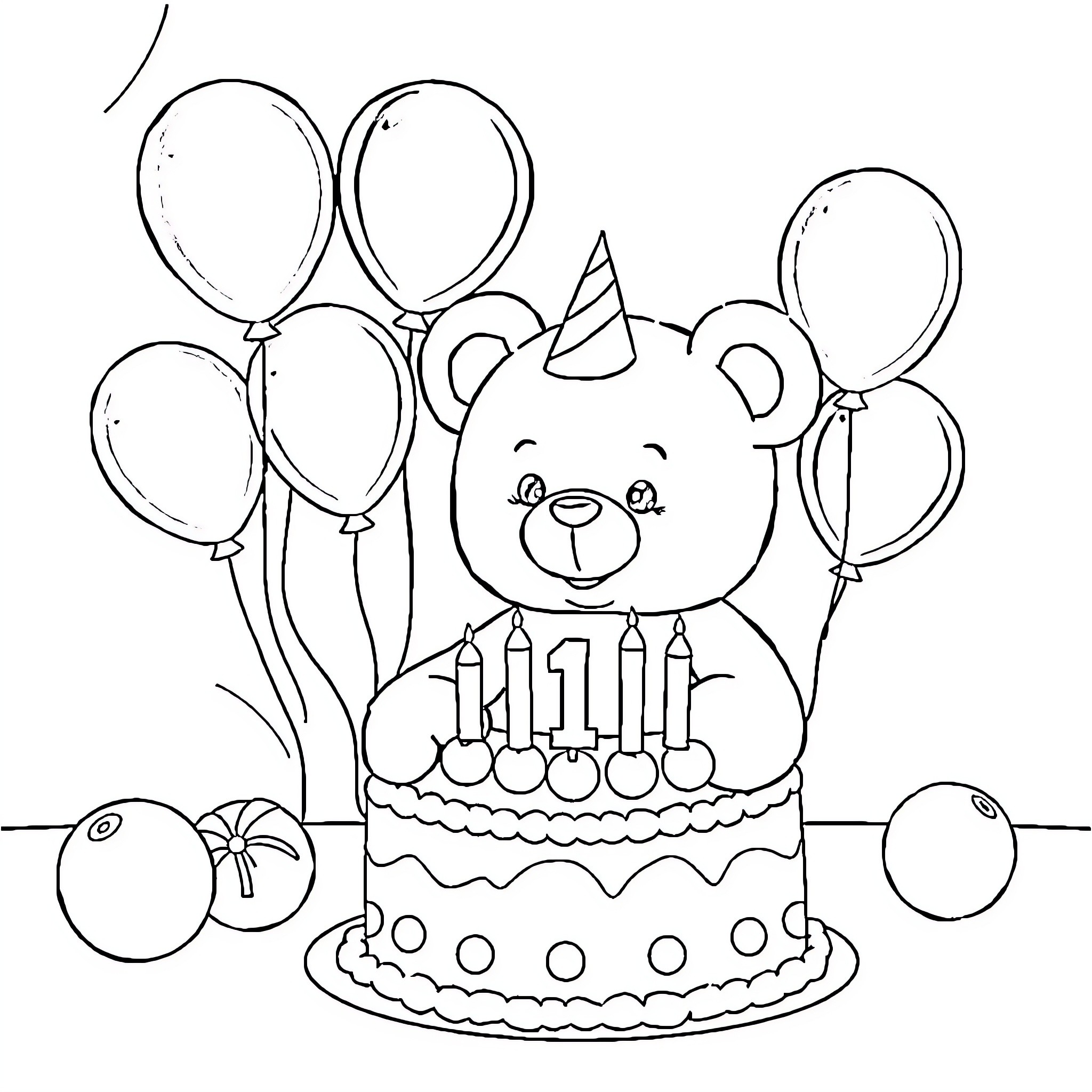 Berry Bear's Birthday Celebration with Balloons Coloring Page (free black-and-white line drawing printable PDF for all, from beginners to advanced learners, including children, teens, adults, and seniors)