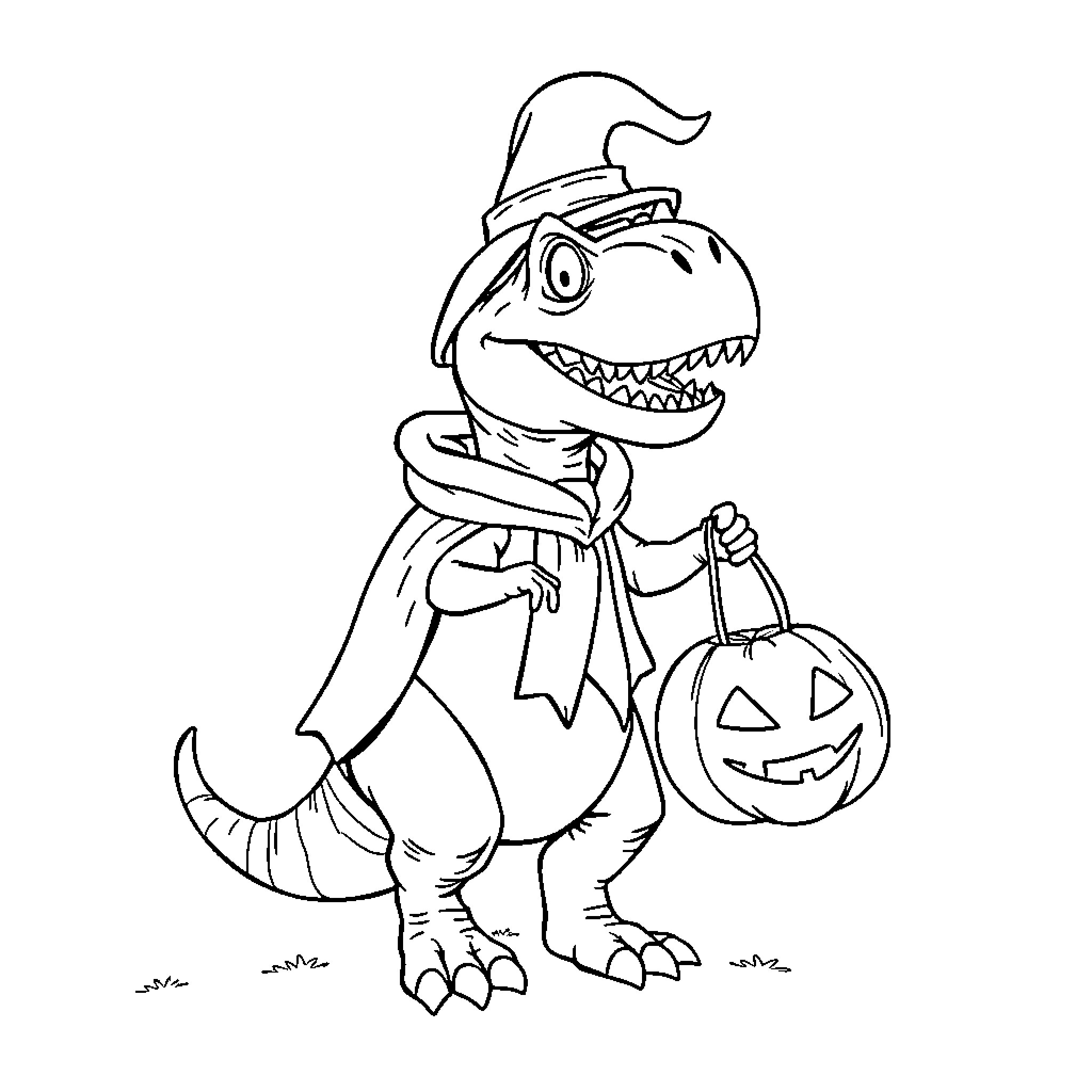 T-Rex Trick-or-Treating with Halloween Pumpkin Basket Coloring Page (free black-and-white line drawing printable PDF for all, from beginners to advanced learners, including children, teens, adults, and seniors)