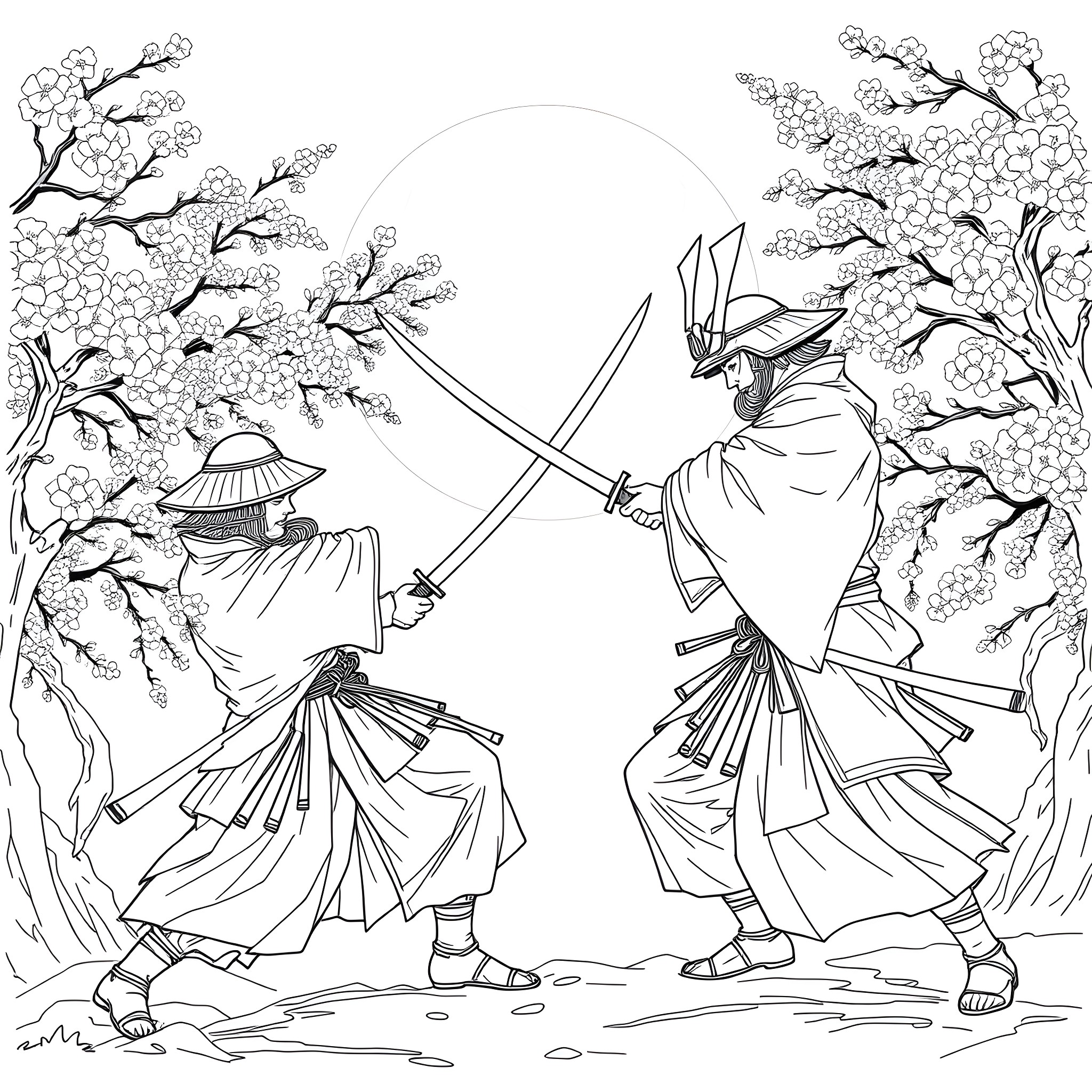 Samurai Warriors in Blossoming Forest Coloring Page (free black-and-white line drawing printable PDF for all, from beginners to advanced learners, including children, teens, adults, and seniors)