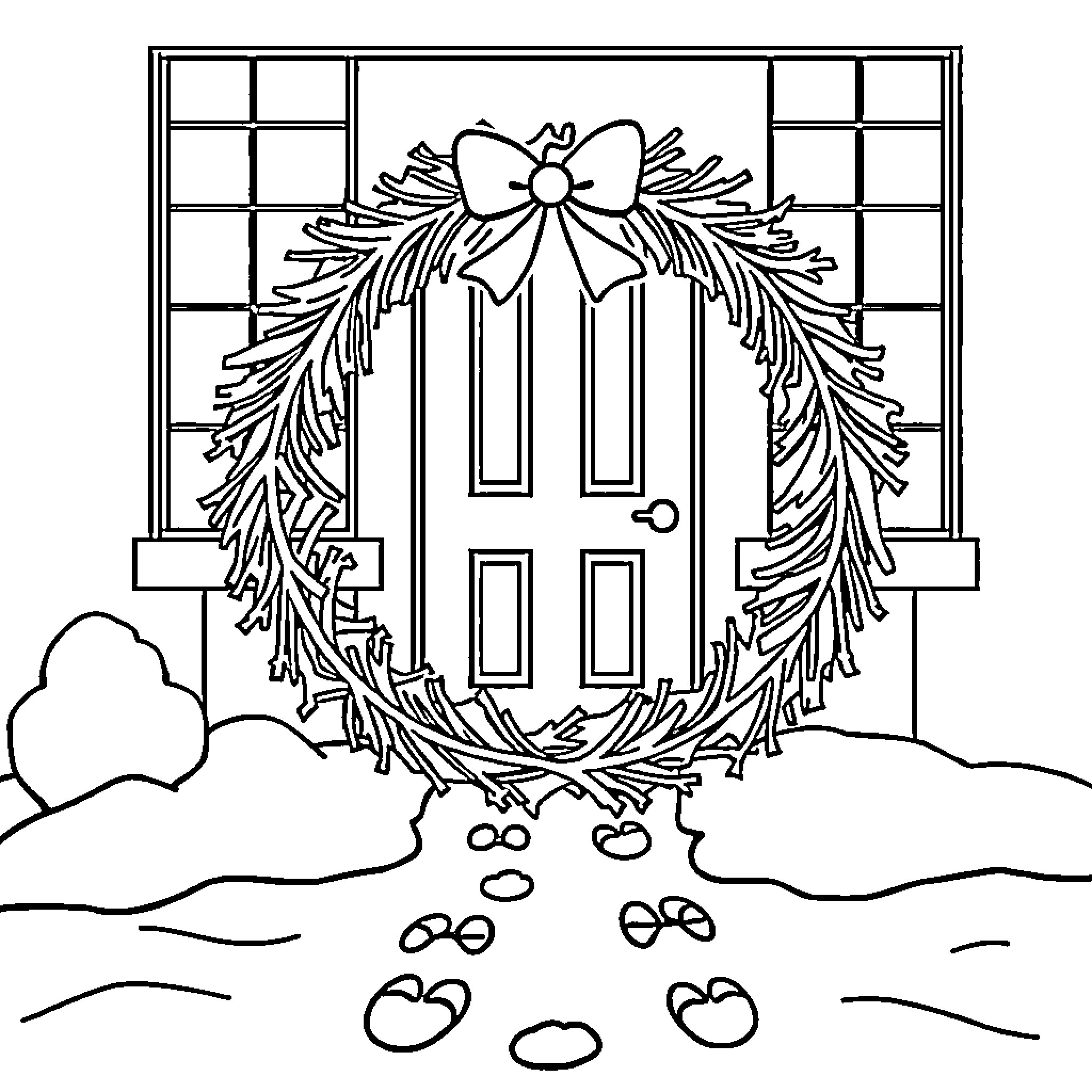 Wreath adorning a festive holiday entrance Coloring Page (free black-and-white line drawing printable PDF for all, from beginners to advanced learners, including children, teens, adults, and seniors)
