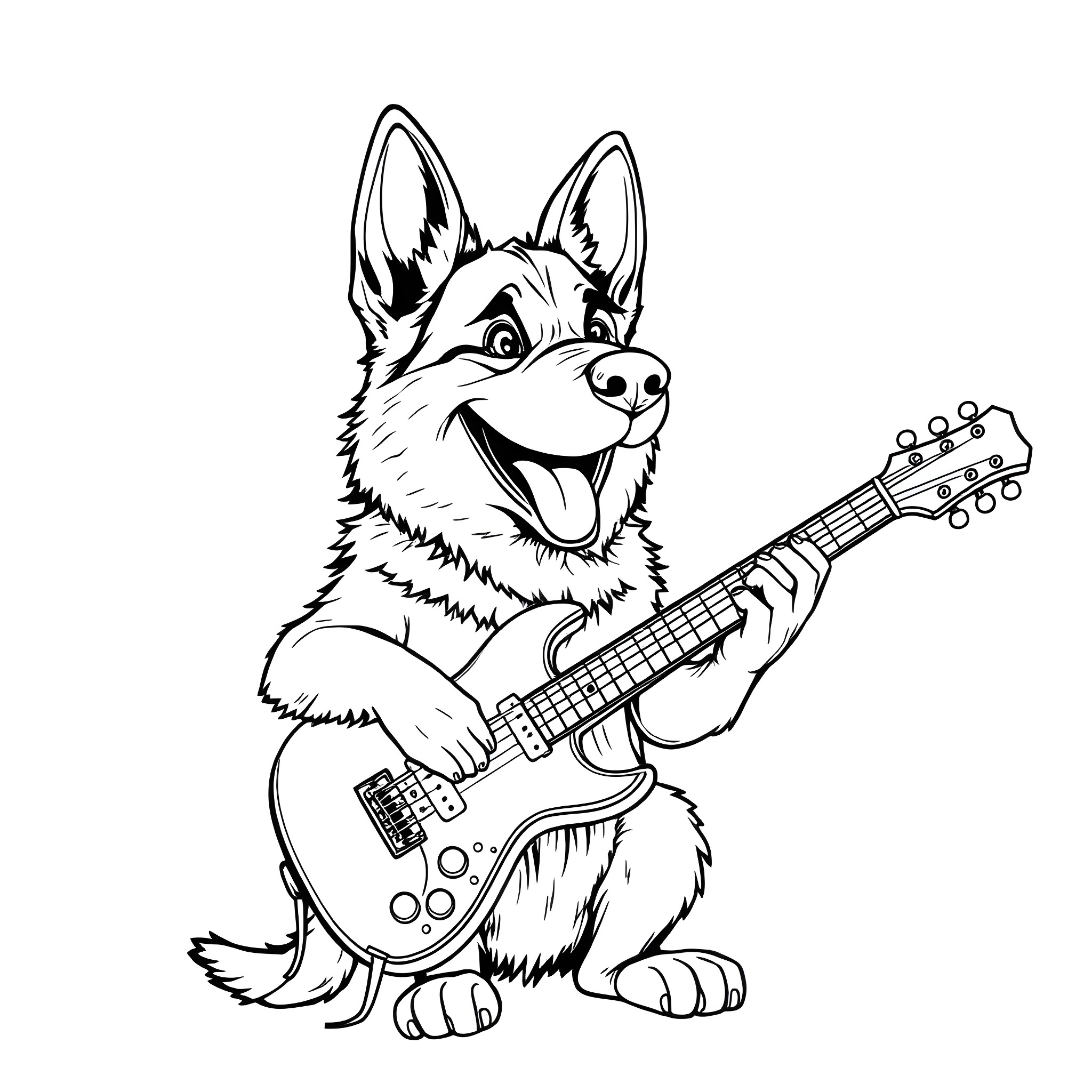 German Shepherd Rocking Out with Guitar Coloring Page (free black-and-white line drawing printable PDF for all, from beginners to advanced learners, including children, teens, adults, and seniors)