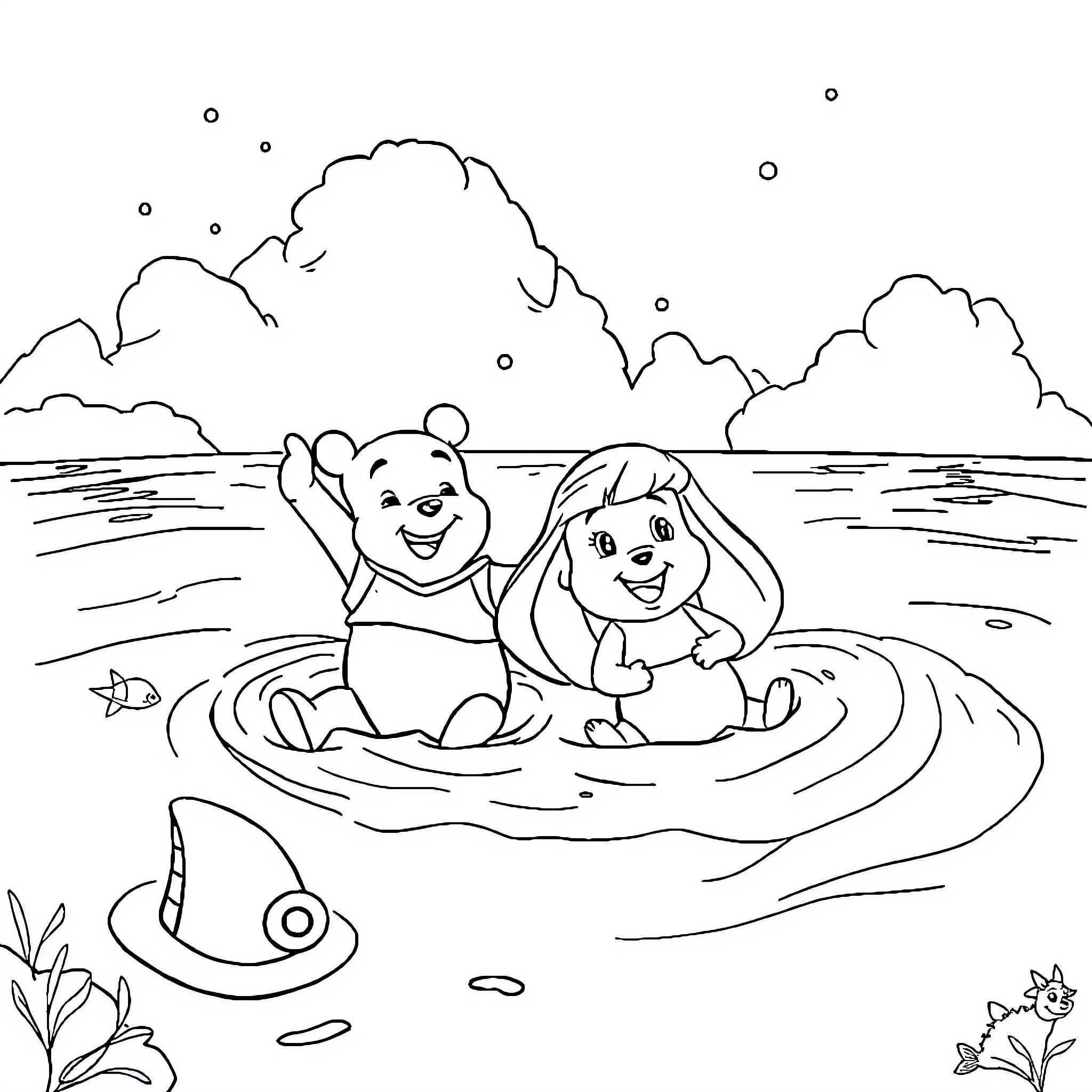 Winnie The Pooh and Friends Enjoying a Day at the Lake Coloring Page (free black-and-white line drawing printable PDF for all, from beginners to advanced learners, including children, teens, adults, and seniors)