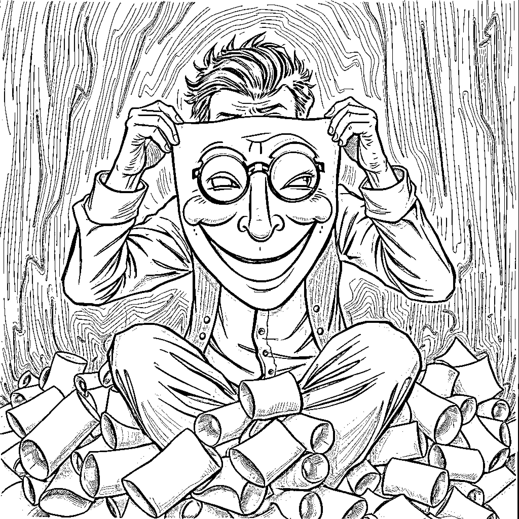 Man hiding face behind comical mask Coloring Page (free black-and-white line drawing printable PDF for all, from beginners to advanced learners, including children, teens, adults, and seniors)