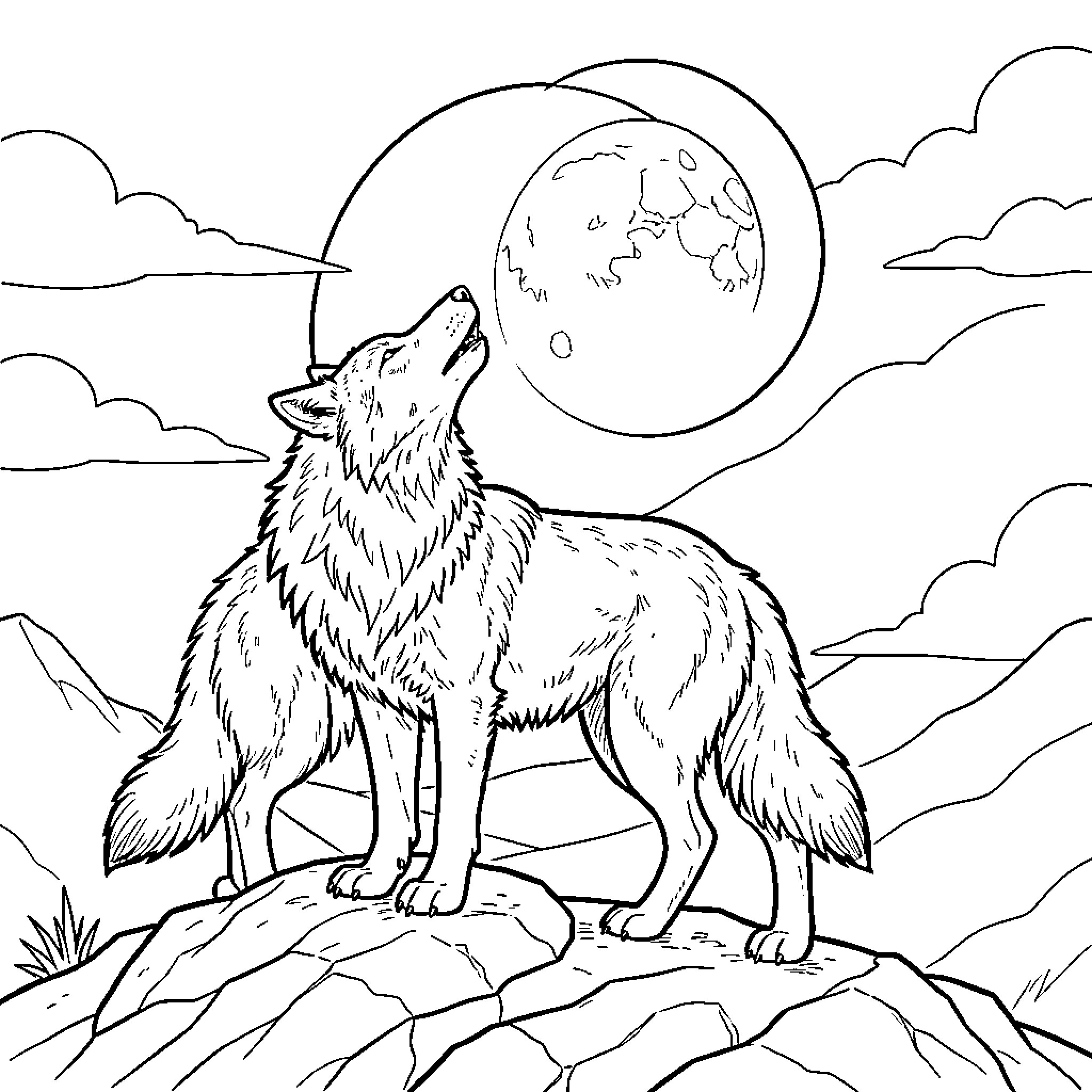 Wolf howling at the full moon in the night sky Coloring Page (free black-and-white line drawing printable PDF for all, from beginners to advanced learners, including children, teens, adults, and seniors)