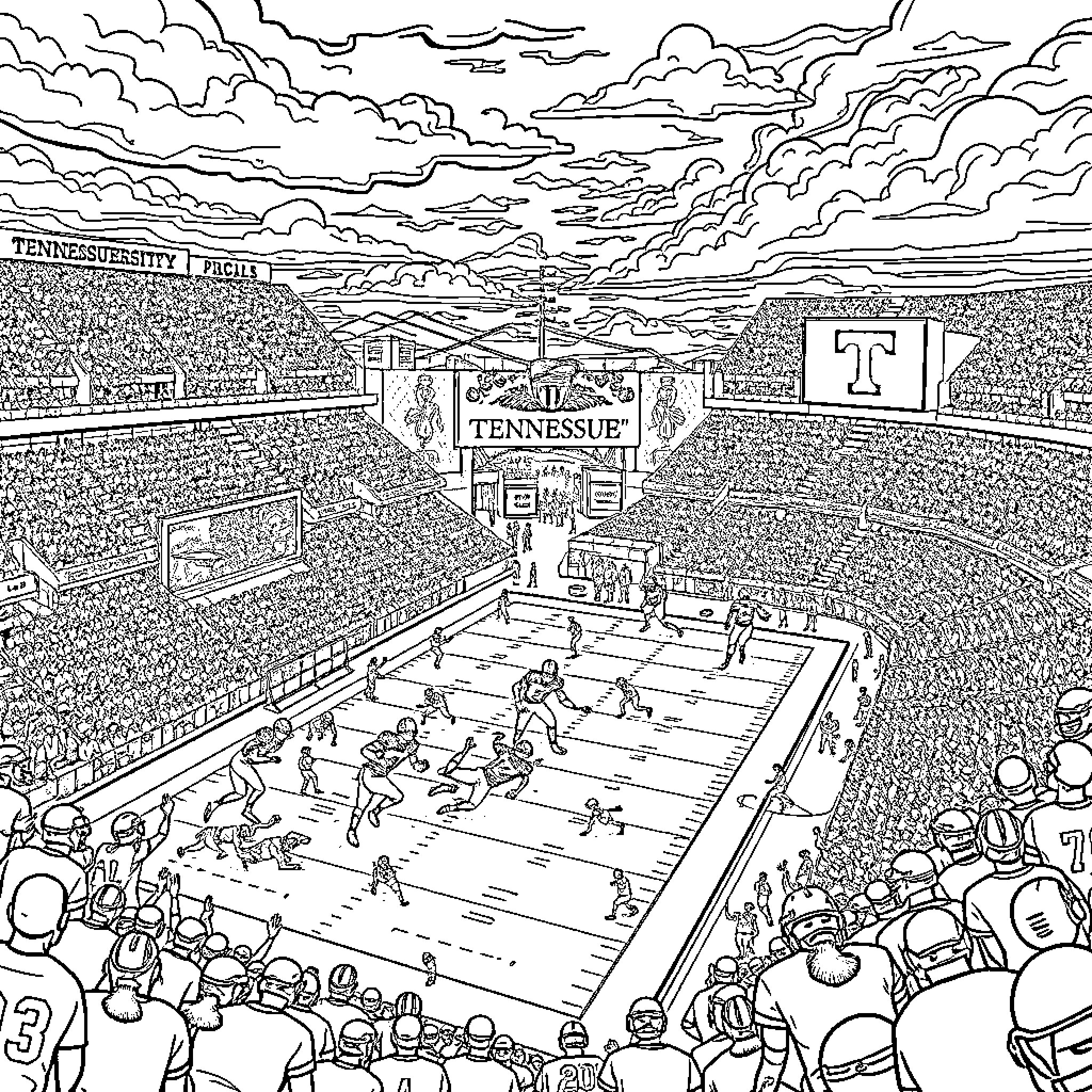 Football game in a crowded sports stadium Coloring Page (free black-and-white line drawing printable PDF for all, from beginners to advanced learners, including children, teens, adults, and seniors)