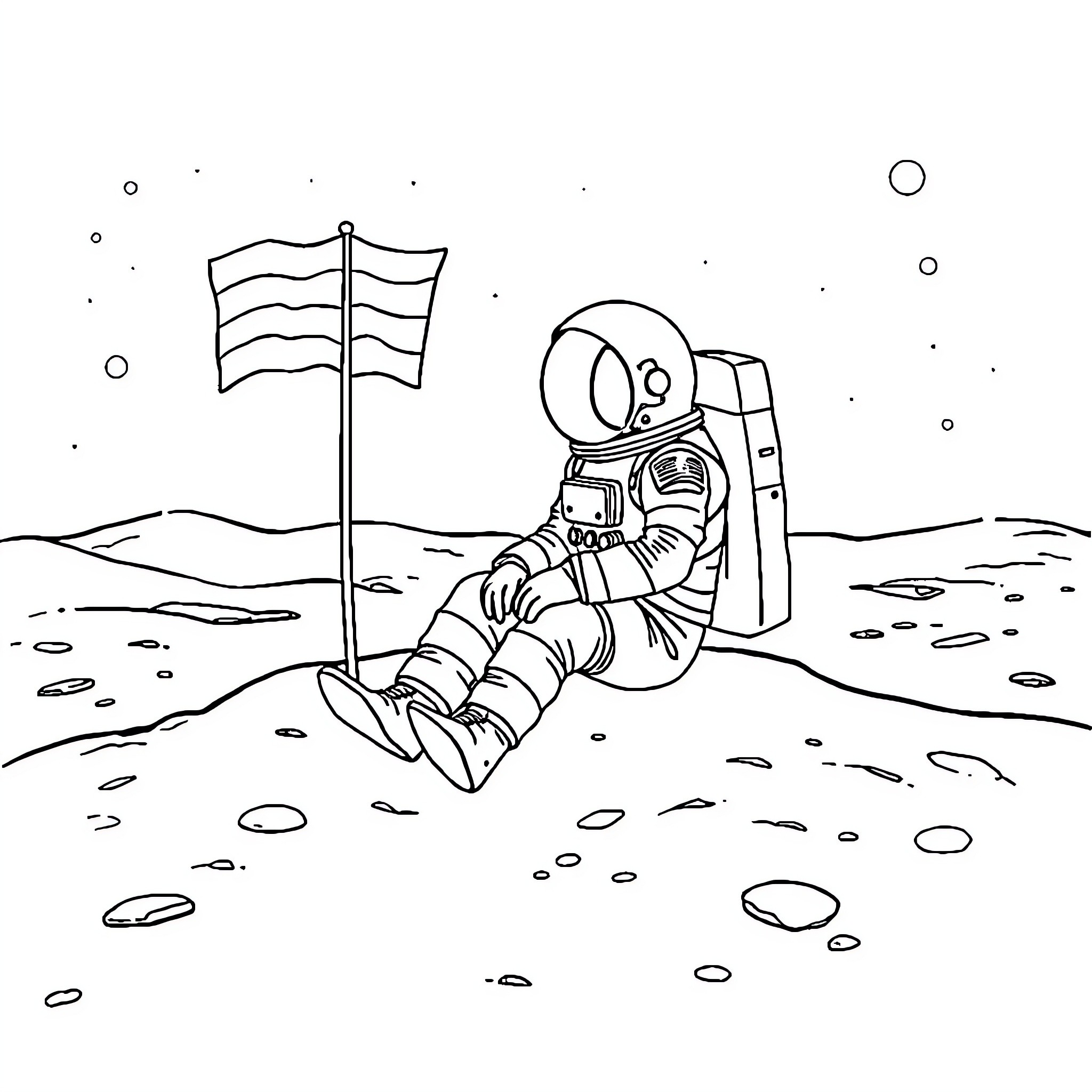 Astronaut exploring the lunar landscape Coloring Page (free black-and-white line drawing printable PDF for all, from beginners to advanced learners, including children, teens, adults, and seniors)
