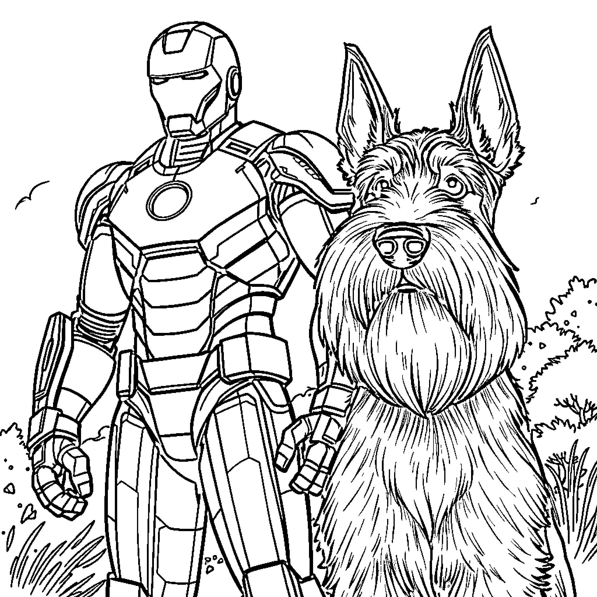 Iron Man Meets Friendly Schnauzer in Outdoors Coloring Page (free black-and-white line drawing printable PDF for all, from beginners to advanced learners, including children, teens, adults, and seniors)