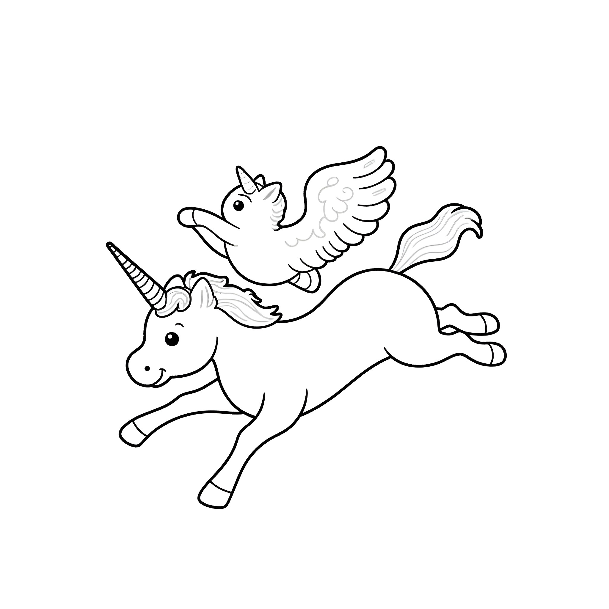 Cat riding a unicorn in the sky Coloring Page (free black-and-white line drawing printable PDF for all, from beginners to advanced learners, including children, teens, adults, and seniors)