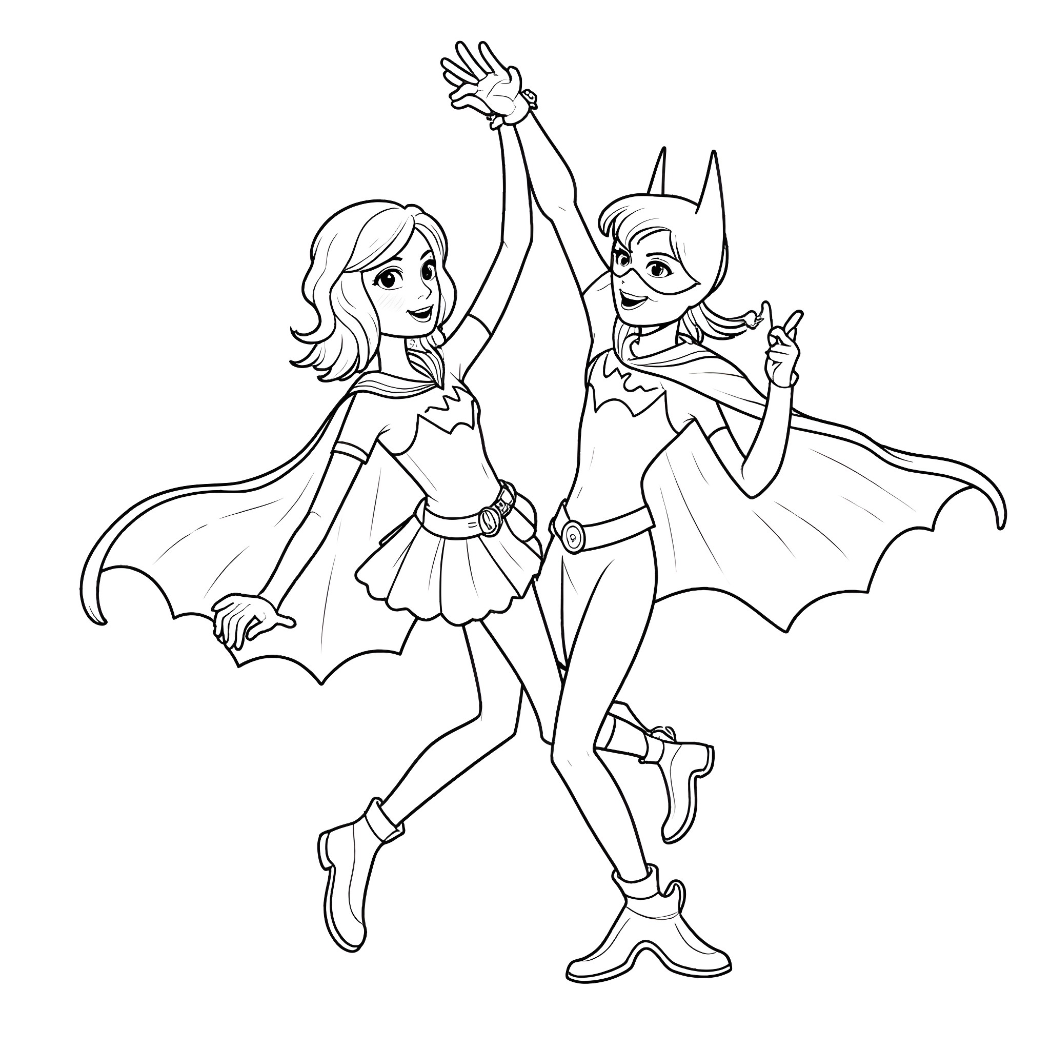 Robin and the Bat Girl in Playful Poses Coloring Page (free black-and-white line drawing printable PDF for all, from beginners to advanced learners, including children, teens, adults, and seniors)