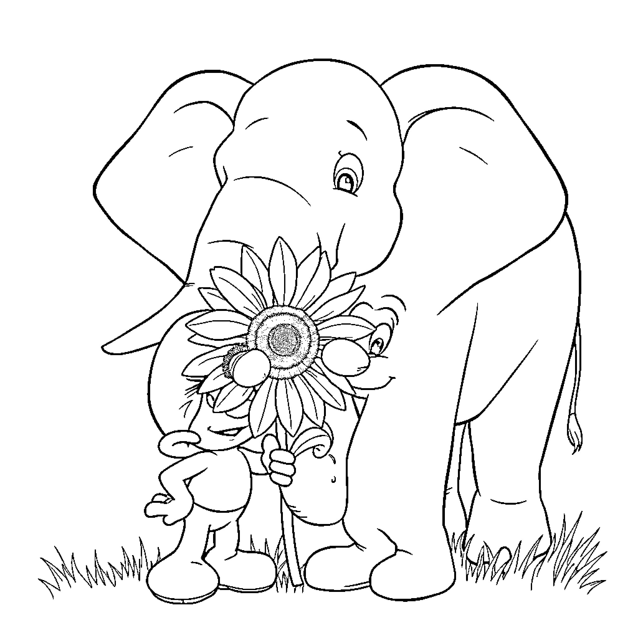Elephant holding a sunflower in a grassy field Coloring Page (free black-and-white line drawing printable PDF for all, from beginners to advanced learners, including children, teens, adults, and seniors)