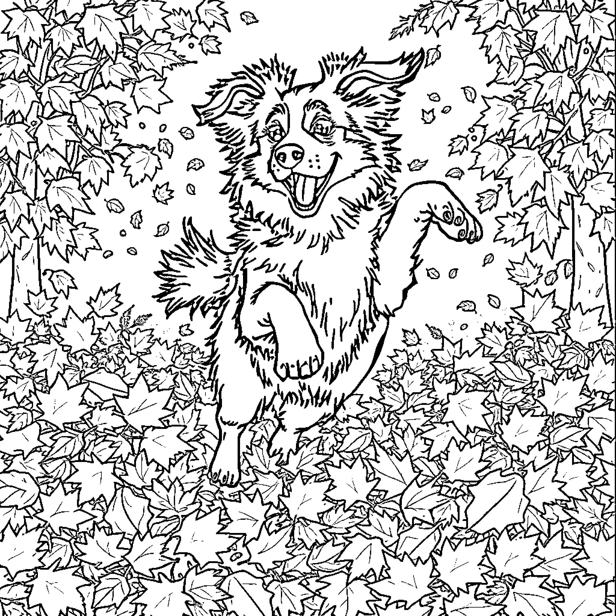 Australian Shepherd Joyfully Frolicking in Autumn Leaves Coloring Page (free black-and-white line drawing printable PDF for all, from beginners to advanced learners, including children, teens, adults, and seniors)