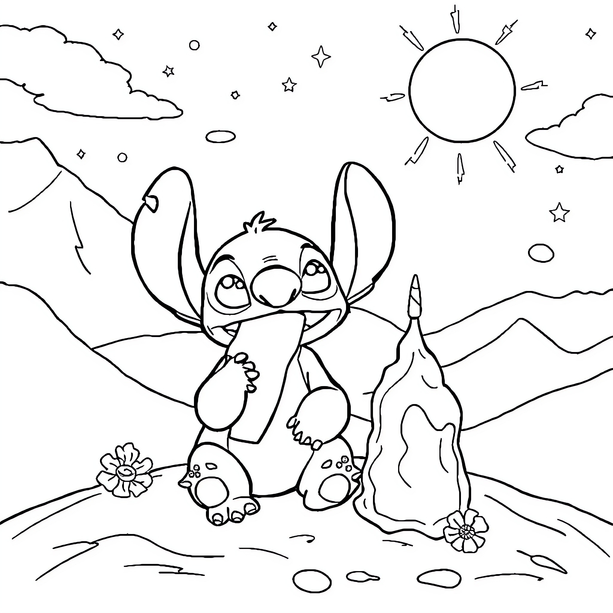 Stitch exploring the magical landscape Coloring Page (free black-and-white line drawing printable PDF for all, from beginners to advanced learners, including children, teens, adults, and seniors)
