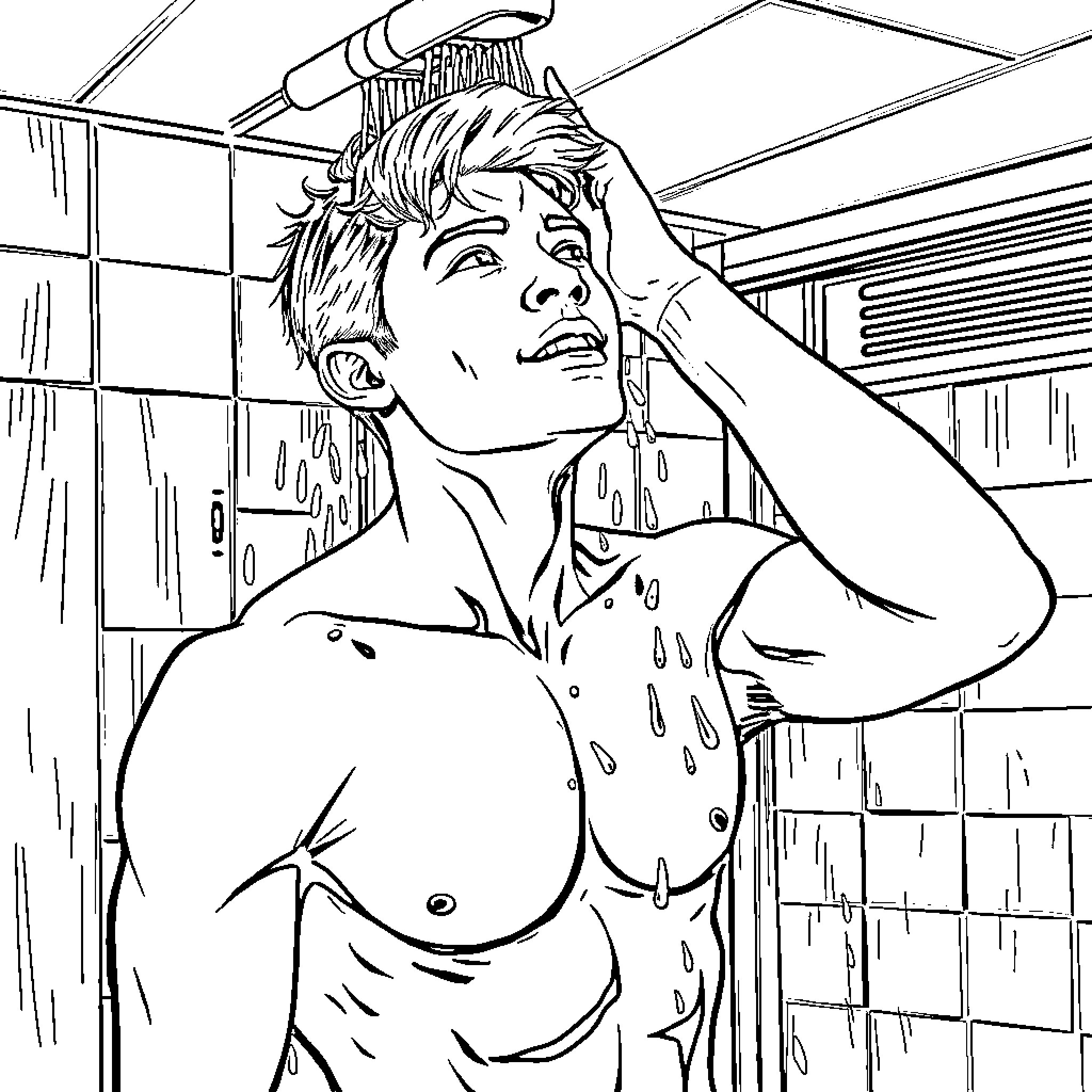 Man showering after a hard day's work Coloring Page (free black-and-white line drawing printable PDF for all, from beginners to advanced learners, including children, teens, adults, and seniors)