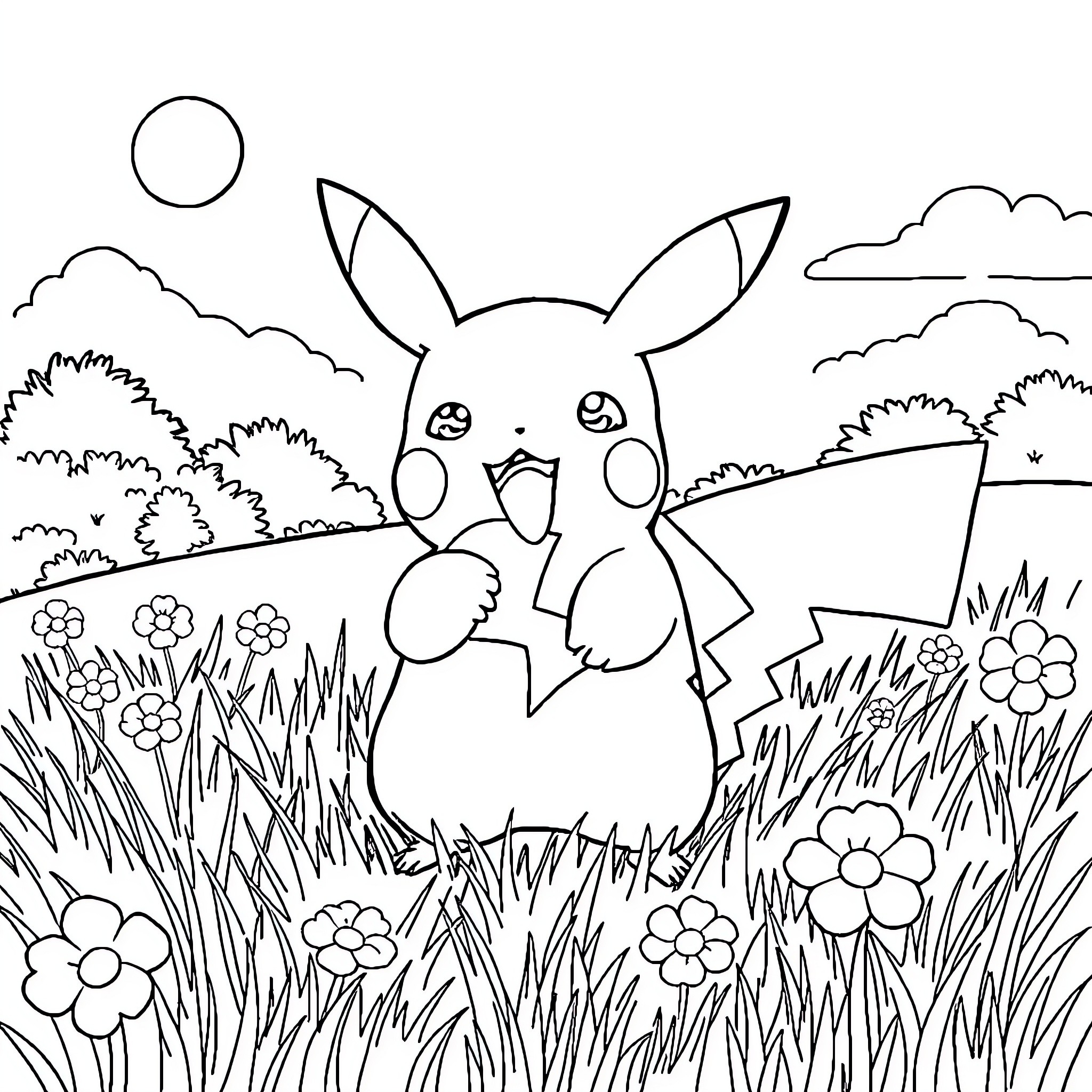 Pikachu exploring a flowery meadow Coloring Page (free black-and-white line drawing printable PDF for all, from beginners to advanced learners, including children, teens, adults, and seniors)