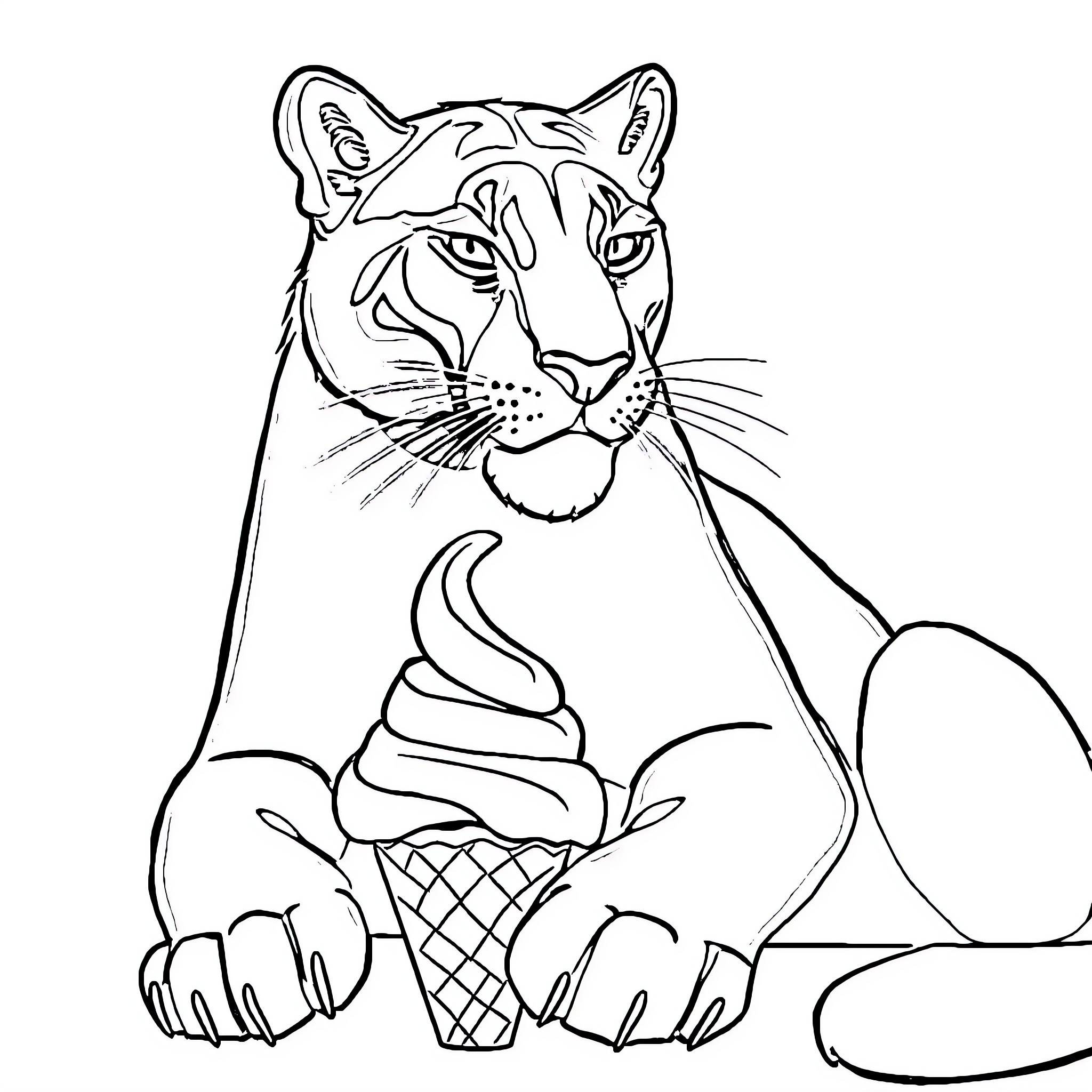 Panther enjoying an ice cream treat Coloring Page (free black-and-white line drawing printable PDF for all, from beginners to advanced learners, including children, teens, adults, and seniors)