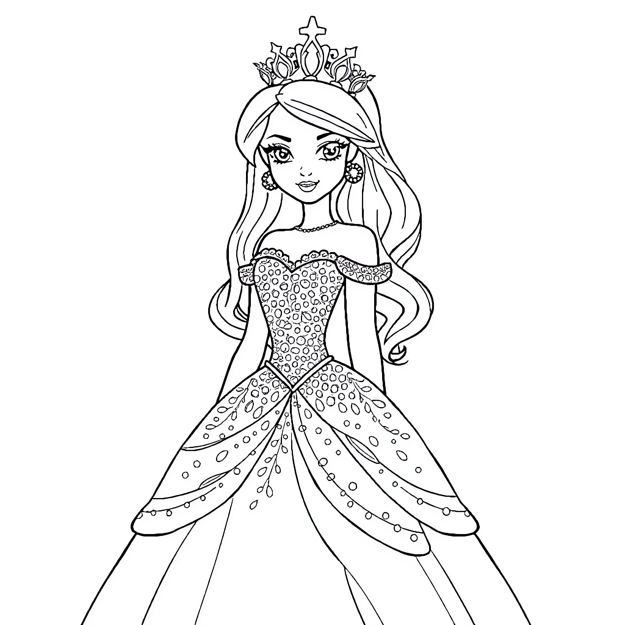 Princess in Elegant Gown and Crown Coloring Page (free black-and-white line drawing printable PDF for all, from beginners to advanced learners, including children, teens, adults, and seniors)
