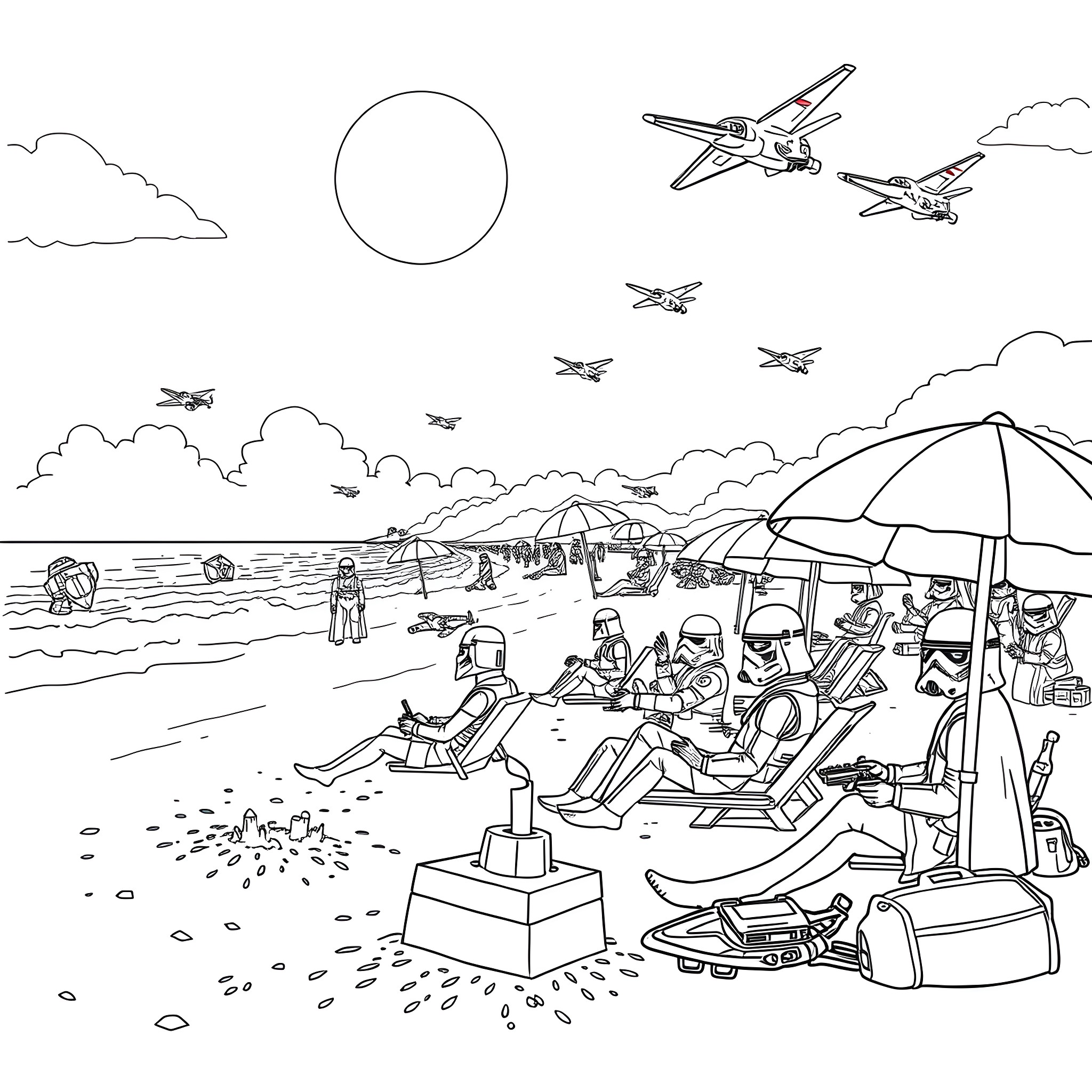 Star Wars characters relaxing on the beach Coloring Page (free black-and-white line drawing printable PDF for all, from beginners to advanced learners, including children, teens, adults, and seniors)
