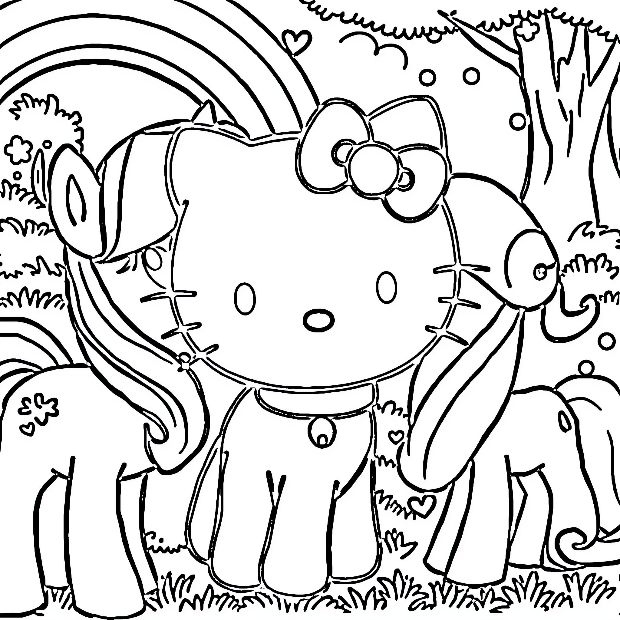 Hello Kitty frolicking in a whimsical forest landscape Coloring Page (free black-and-white line drawing printable PDF for all, from beginners to advanced learners, including children, teens, adults, and seniors)