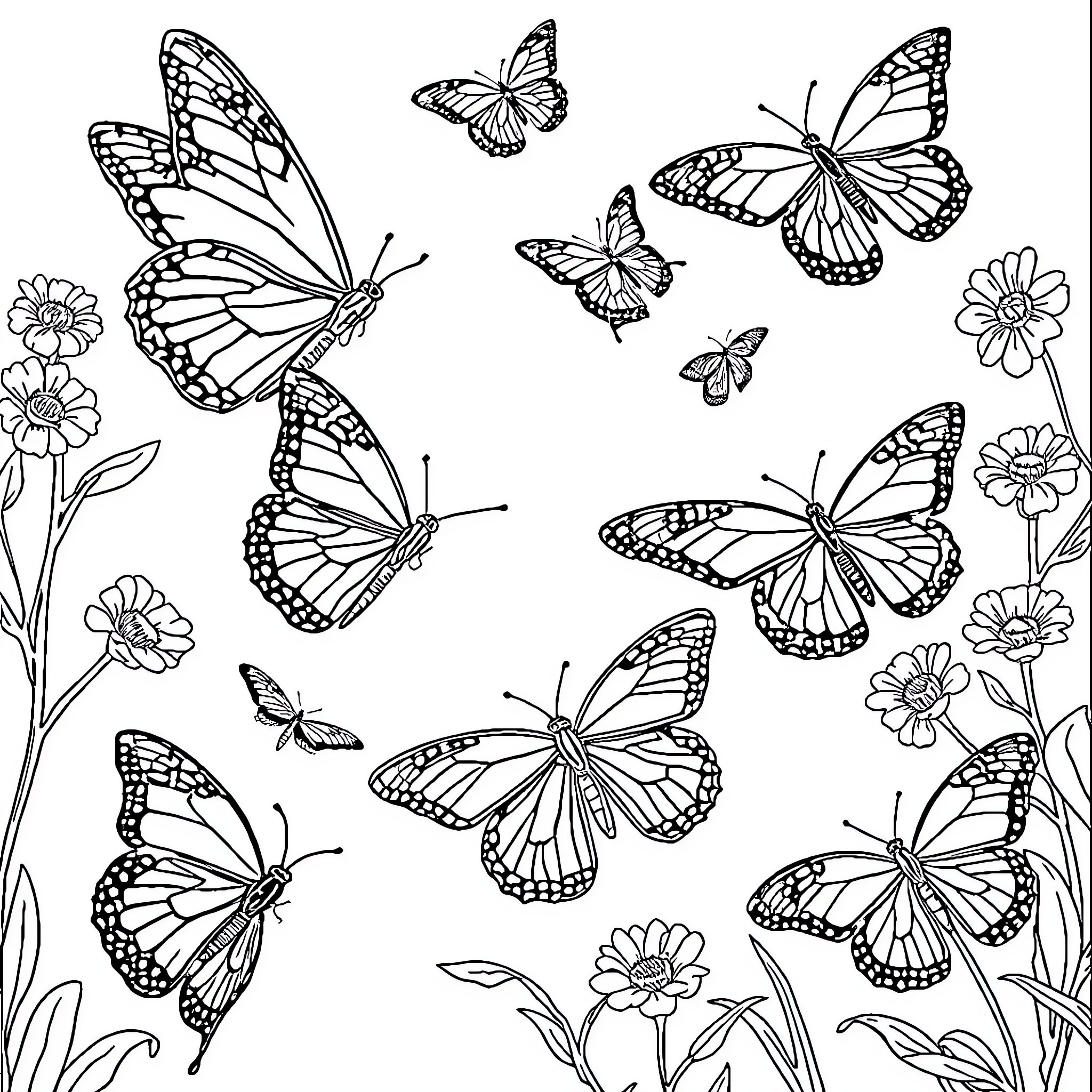 Butterfly garden filled with elegant flying insects Coloring Page (free black-and-white line drawing printable PDF for all, from beginners to advanced learners, including children, teens, adults, and seniors)