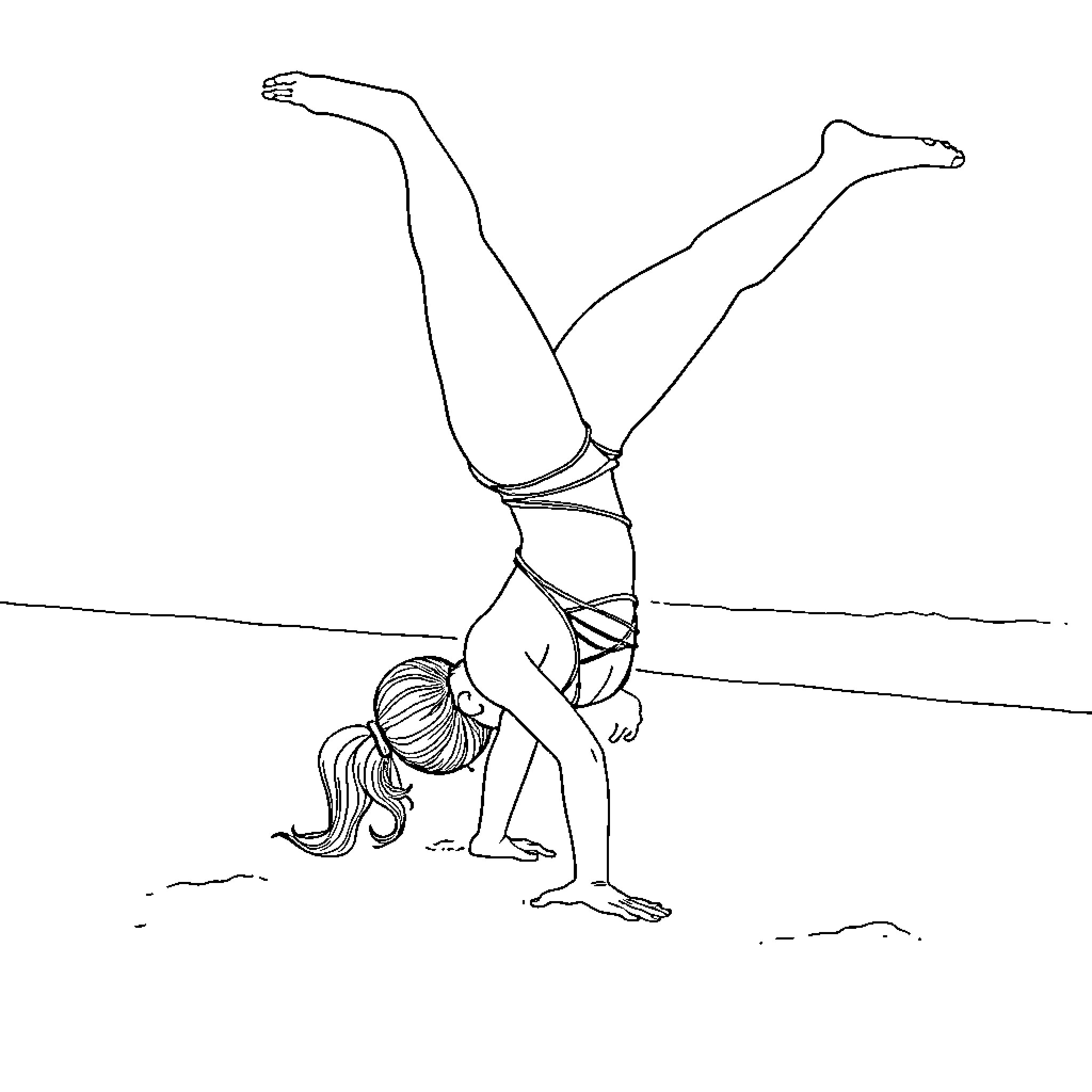 Bikini-clad woman doing handstand on beach Coloring Page (free black-and-white line drawing printable PDF for all, from beginners to advanced learners, including children, teens, adults, and seniors)