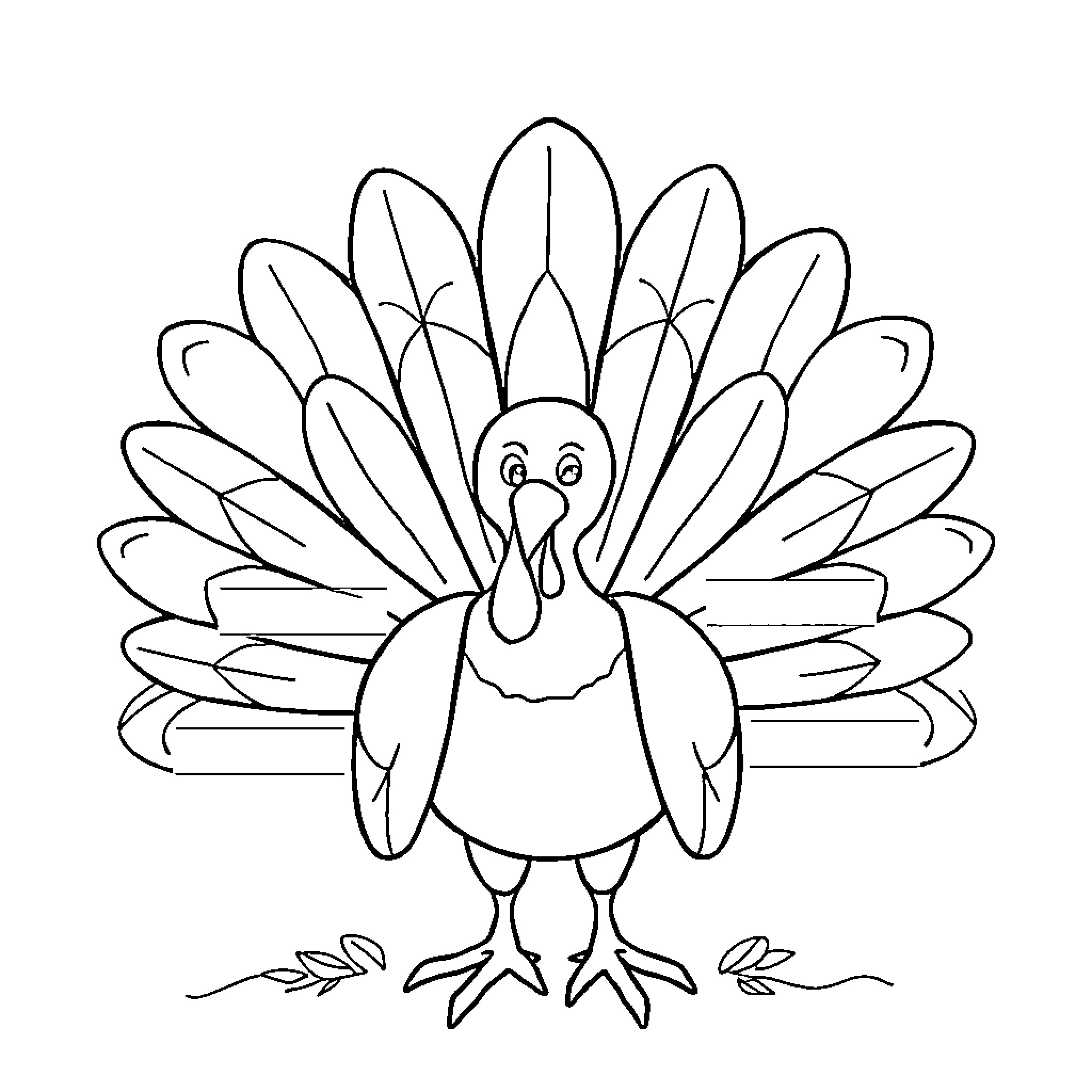Turkey with playful expression and feathered display Coloring Page (free black-and-white line drawing printable PDF for all, from beginners to advanced learners, including children, teens, adults, and seniors)