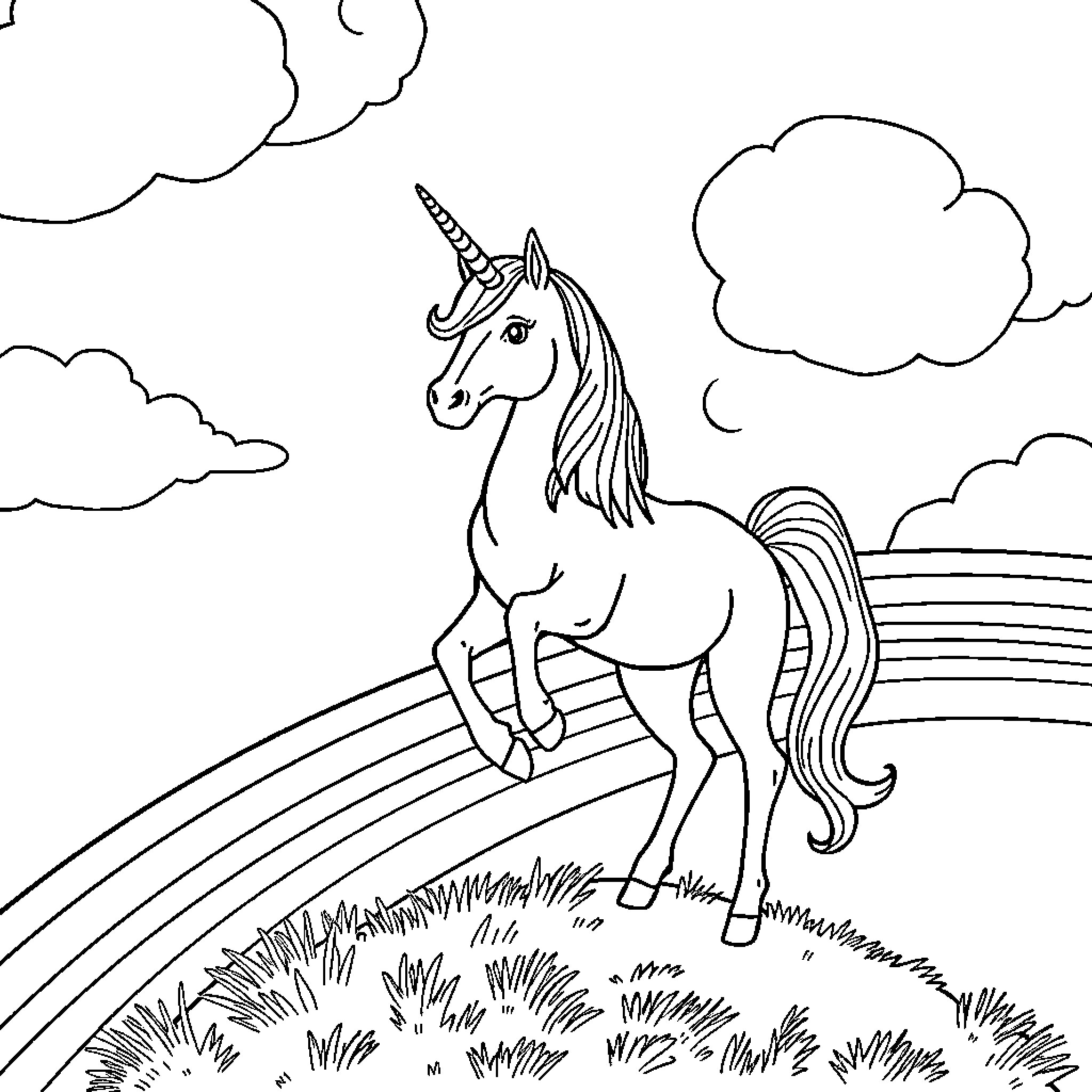 Unicorn standing proudly in the meadow Coloring Page (free black-and-white line drawing printable PDF for all, from beginners to advanced learners, including children, teens, adults, and seniors)