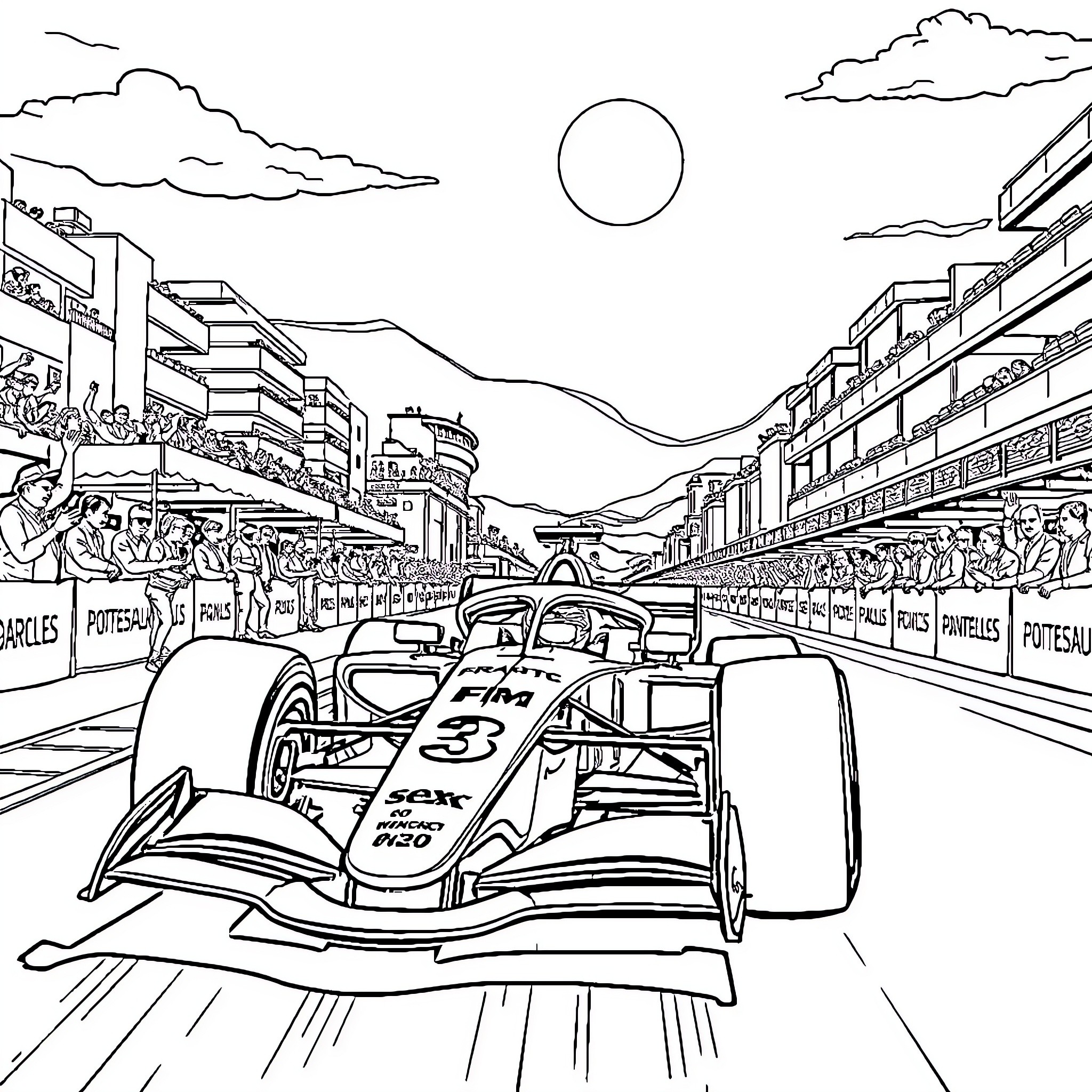 F1 Car racing through crowded city streets Coloring Page (free black-and-white line drawing printable PDF for all, from beginners to advanced learners, including children, teens, adults, and seniors)