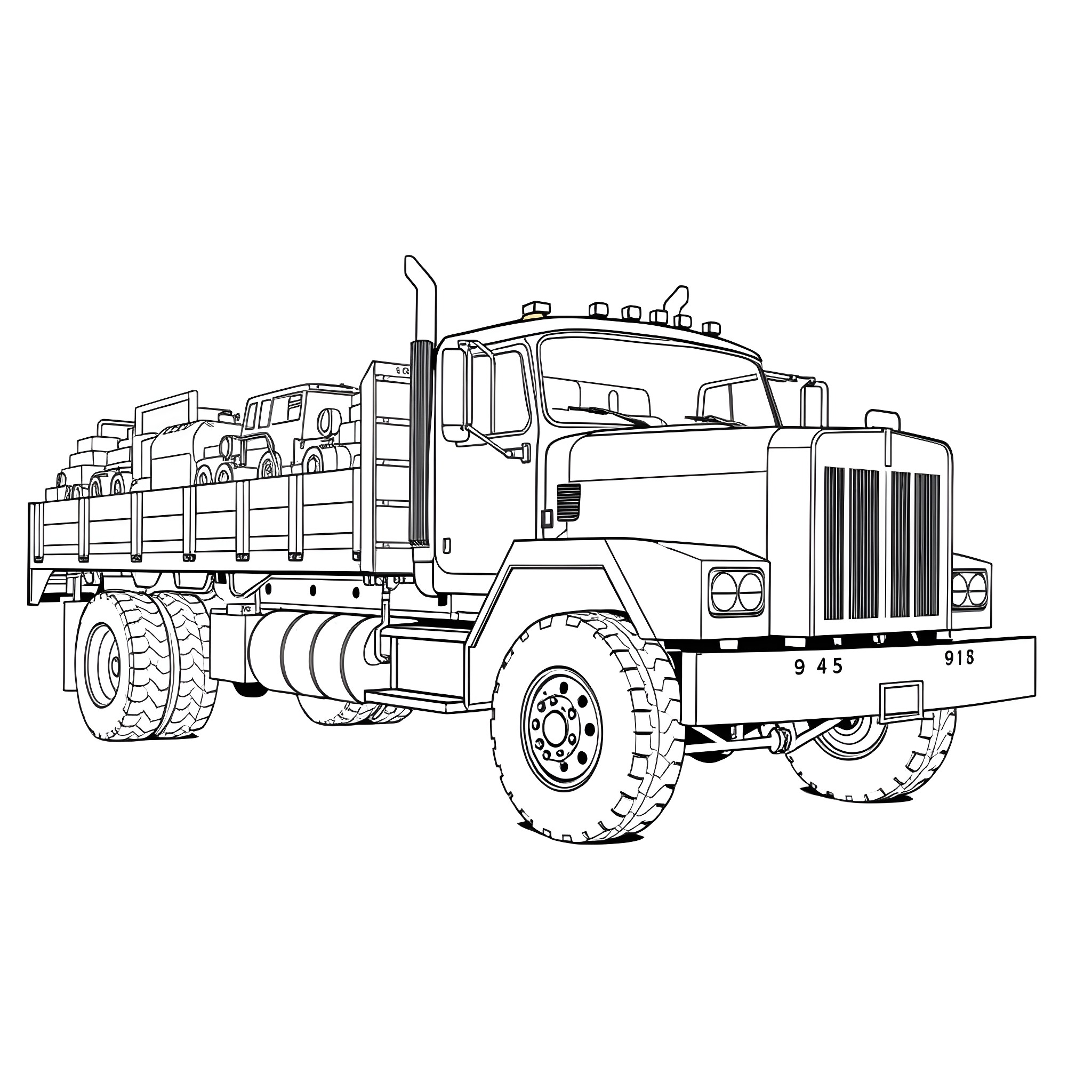 Flatbed truck transporting cargo on a construction site Coloring Page (free black-and-white line drawing printable PDF for all, from beginners to advanced learners, including children, teens, adults, and seniors)