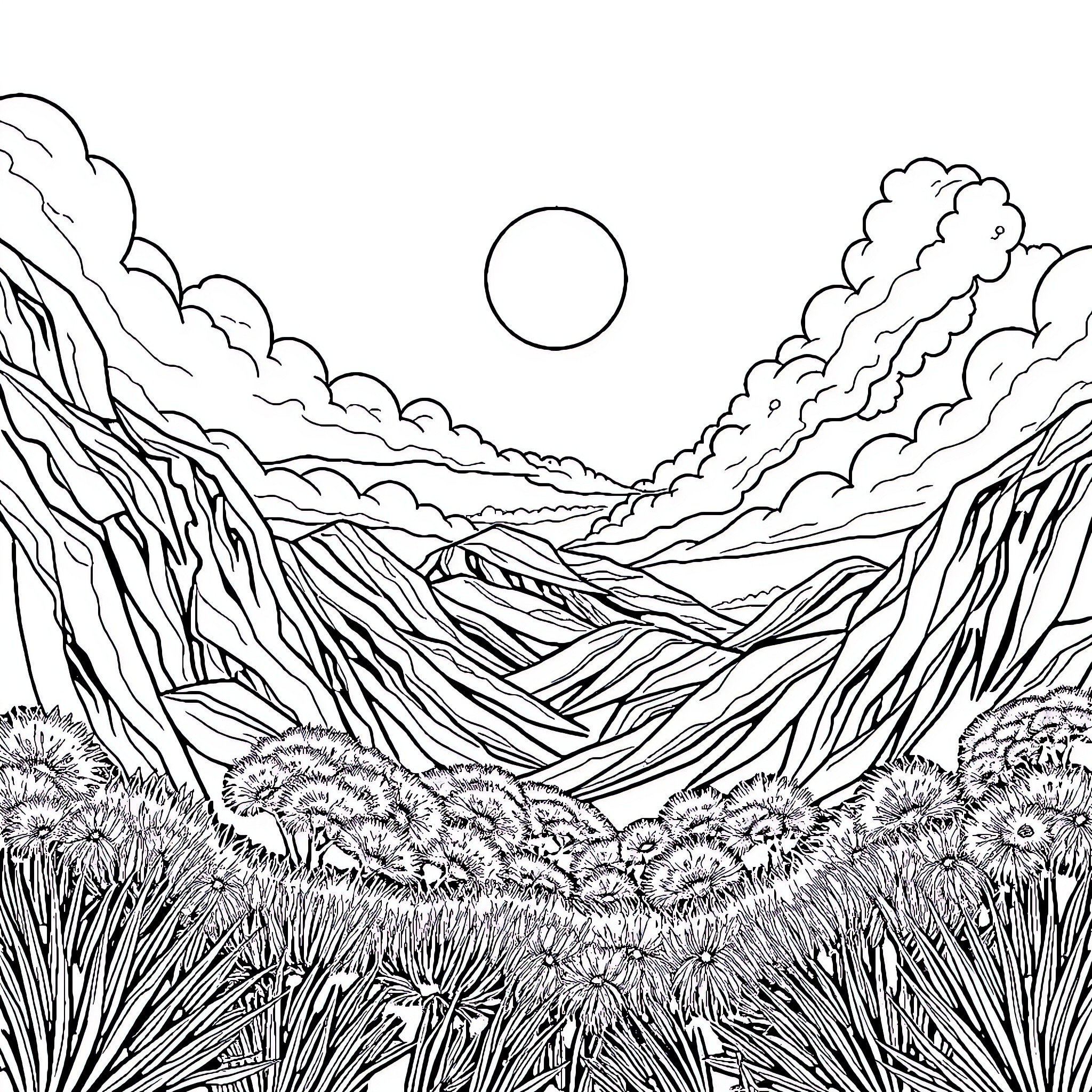 Escenario of a dramatic landscape with towering mountains and clouds Coloring Page (free black-and-white line drawing printable PDF for all, from beginners to advanced learners, including children, teens, adults, and seniors)