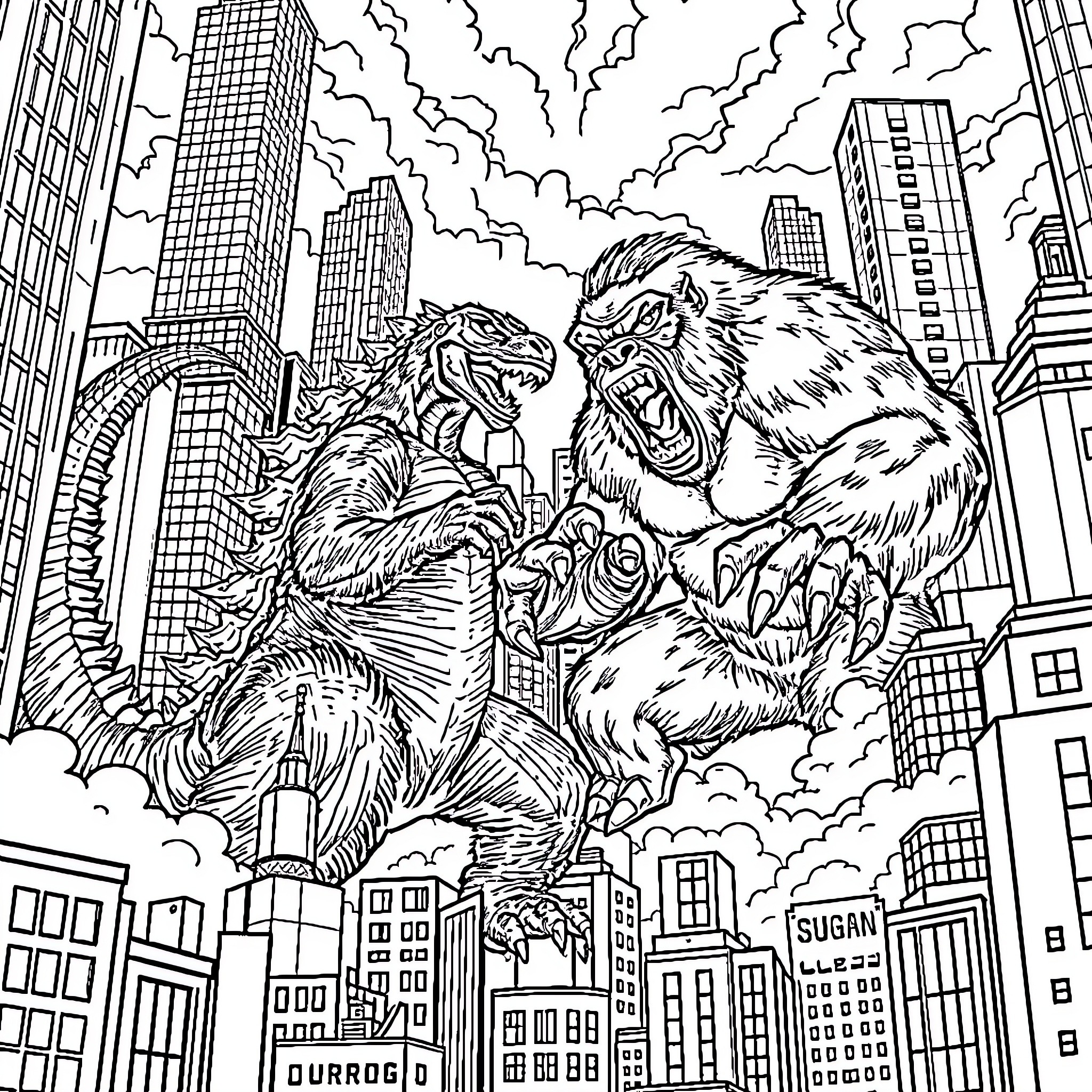 Godzilla vs. King Kong battling in the city Coloring Page (free black-and-white line drawing printable PDF for all, from beginners to advanced learners, including children, teens, adults, and seniors)