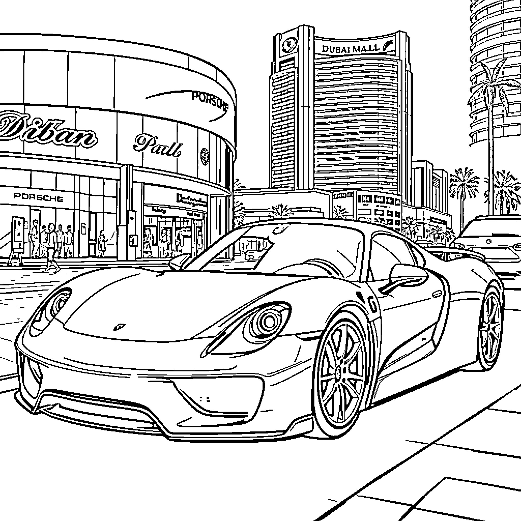 Porsche sports car in modern cityscape Coloring Page (free black-and-white line drawing printable PDF for all, from beginners to advanced learners, including children, teens, adults, and seniors)