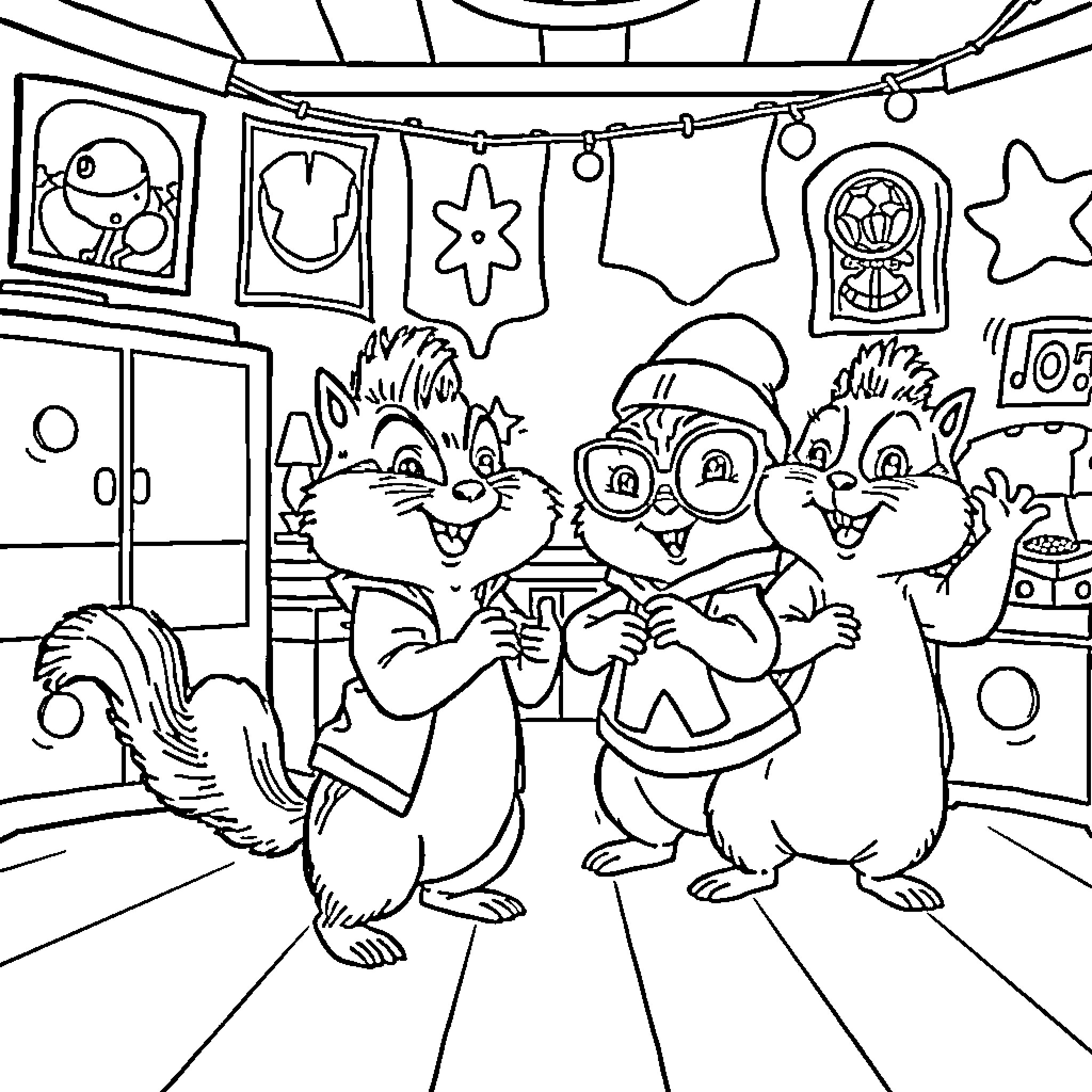 Chipmunks Celebrating Holiday Festivities Coloring Page (free black-and-white line drawing printable PDF for all, from beginners to advanced learners, including children, teens, adults, and seniors)