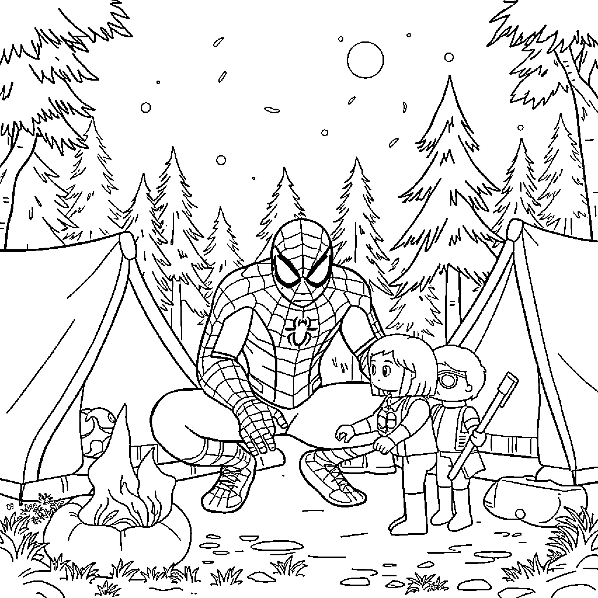 Spiderman camping with children in the forest Coloring Page (free black-and-white line drawing printable PDF for all, from beginners to advanced learners, including children, teens, adults, and seniors)