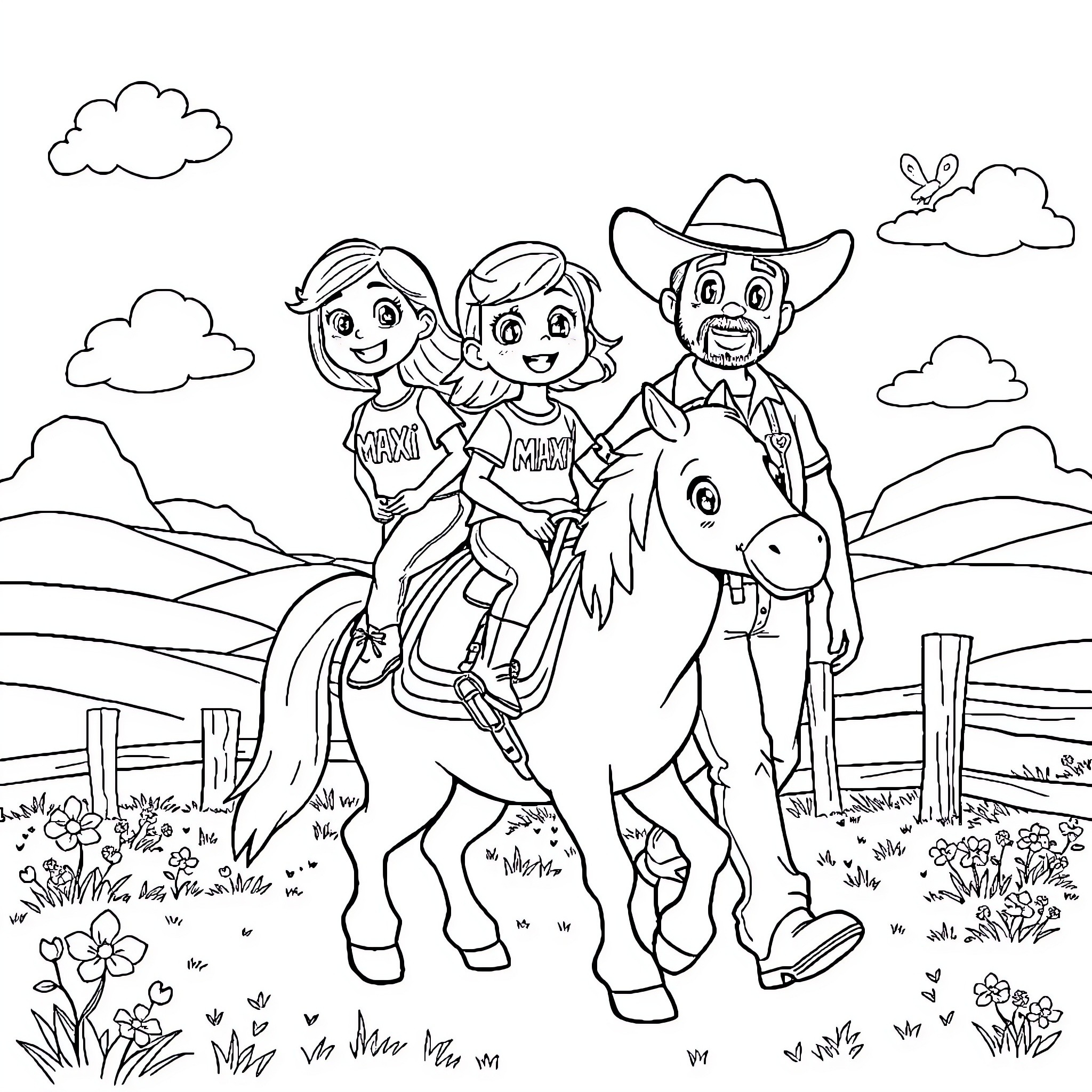 Pony Ride with Cowboy and Cowgirl Friends Coloring Page (free black-and-white line drawing printable PDF for all, from beginners to advanced learners, including children, teens, adults, and seniors)