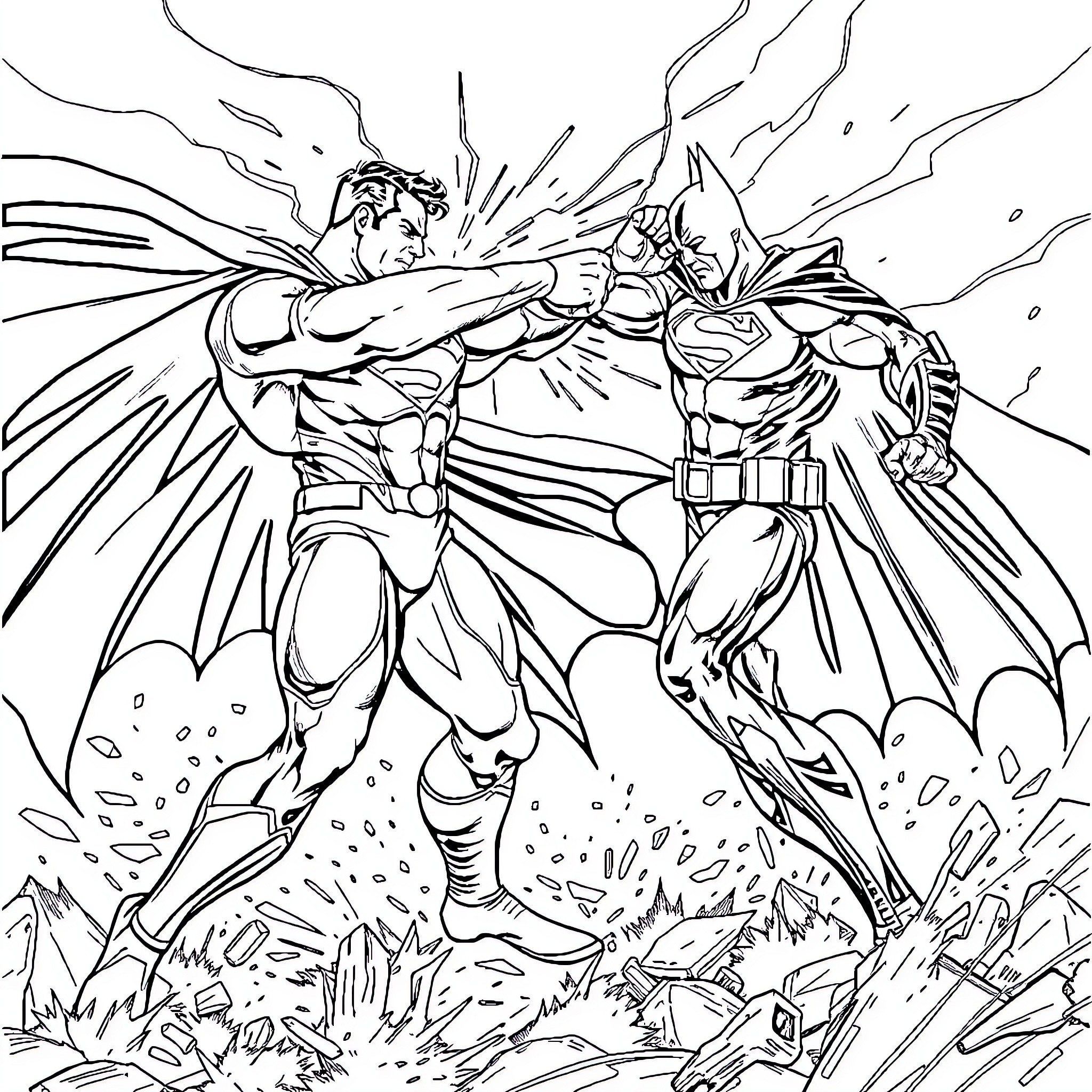 Superman and Batman in epic battle Coloring Page (free black-and-white line drawing printable PDF for all, from beginners to advanced learners, including children, teens, adults, and seniors)