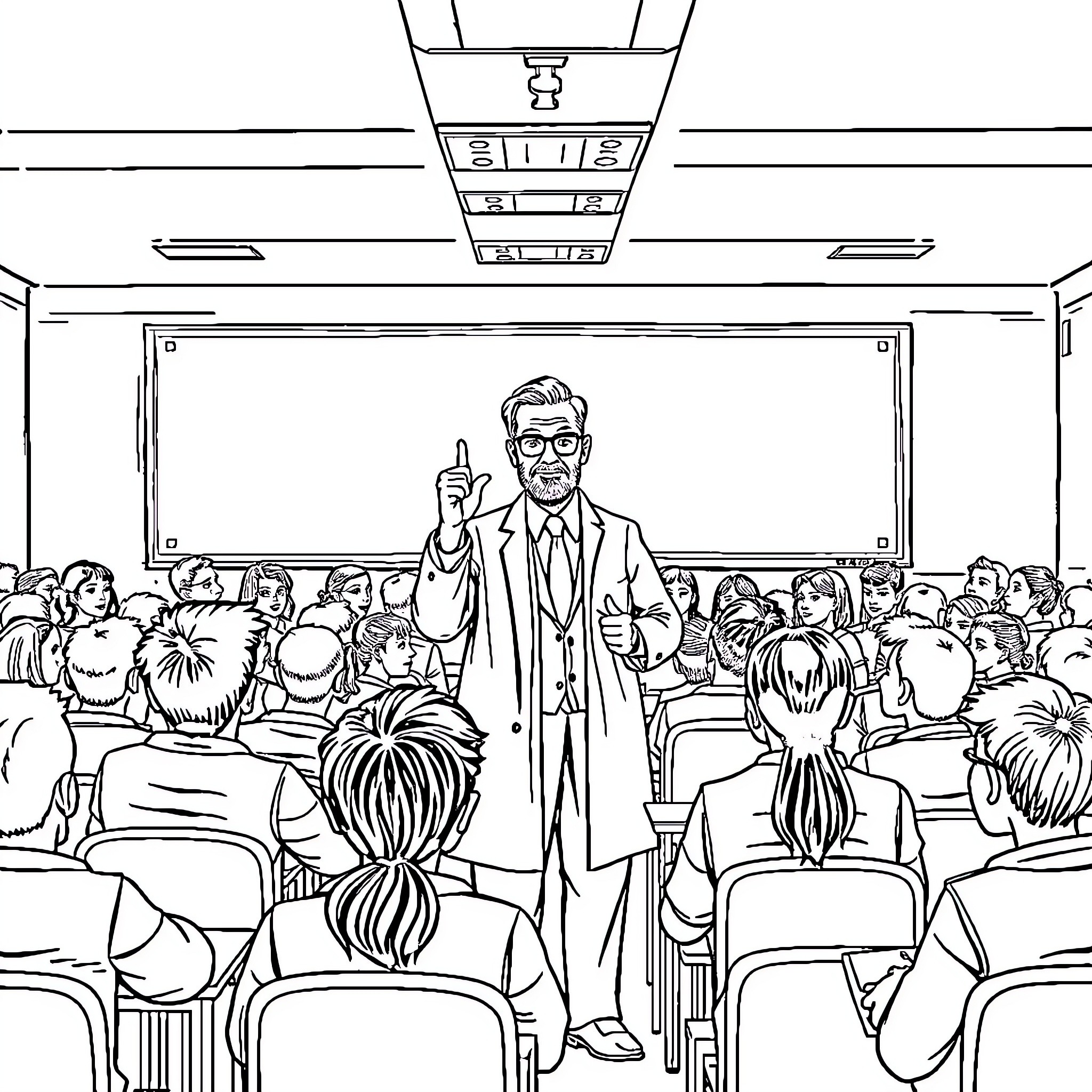 Professor Addressing Attentive Audience in Classroom Coloring Page (free black-and-white line drawing printable PDF for all, from beginners to advanced learners, including children, teens, adults, and seniors)