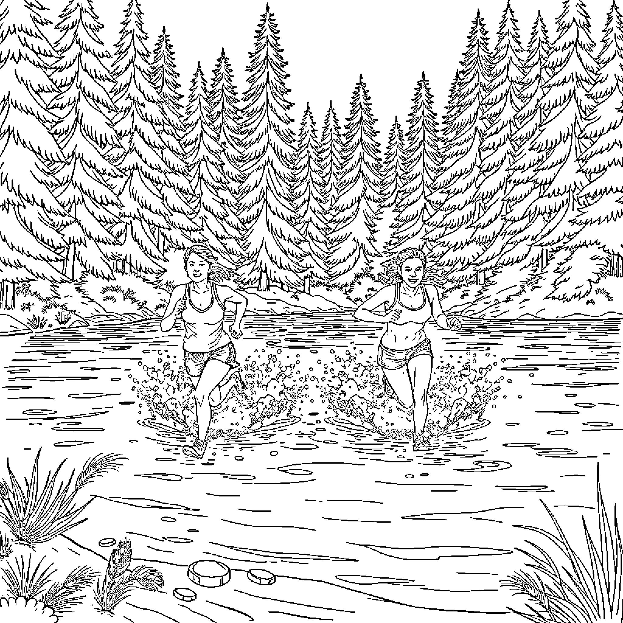 Runners splashing through forest stream Coloring Page (free black-and-white line drawing printable PDF for all, from beginners to advanced learners, including children, teens, adults, and seniors)