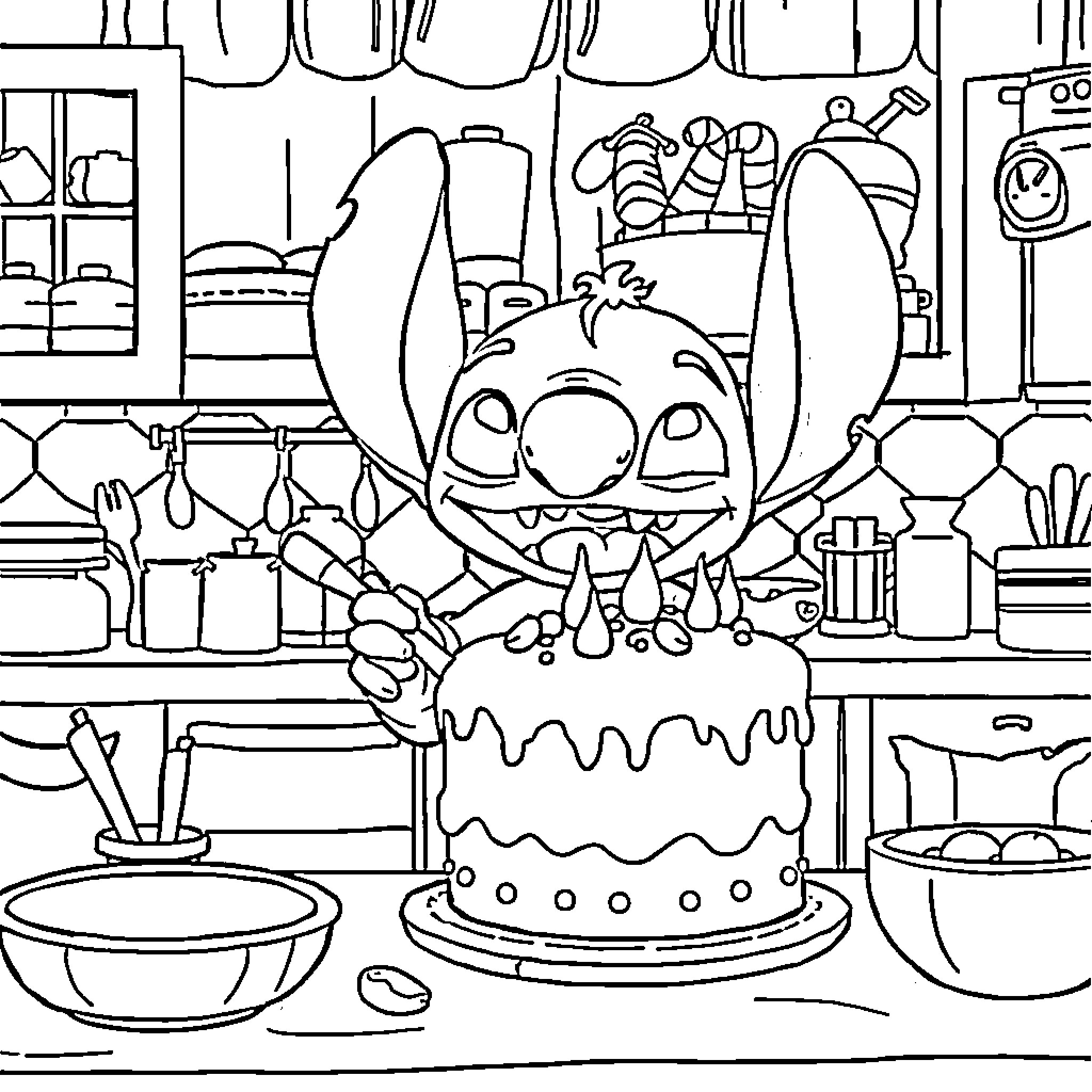 Stitch baking a delicious cake in the kitchen Coloring Page (free black-and-white line drawing printable PDF for all, from beginners to advanced learners, including children, teens, adults, and seniors)