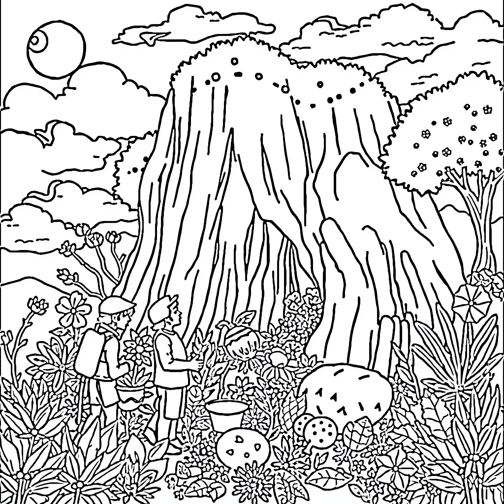 Everything Happening in a Whimsical Outdoor Scene Coloring Page (free black-and-white line drawing printable PDF for all, from beginners to advanced learners, including children, teens, adults, and seniors)
