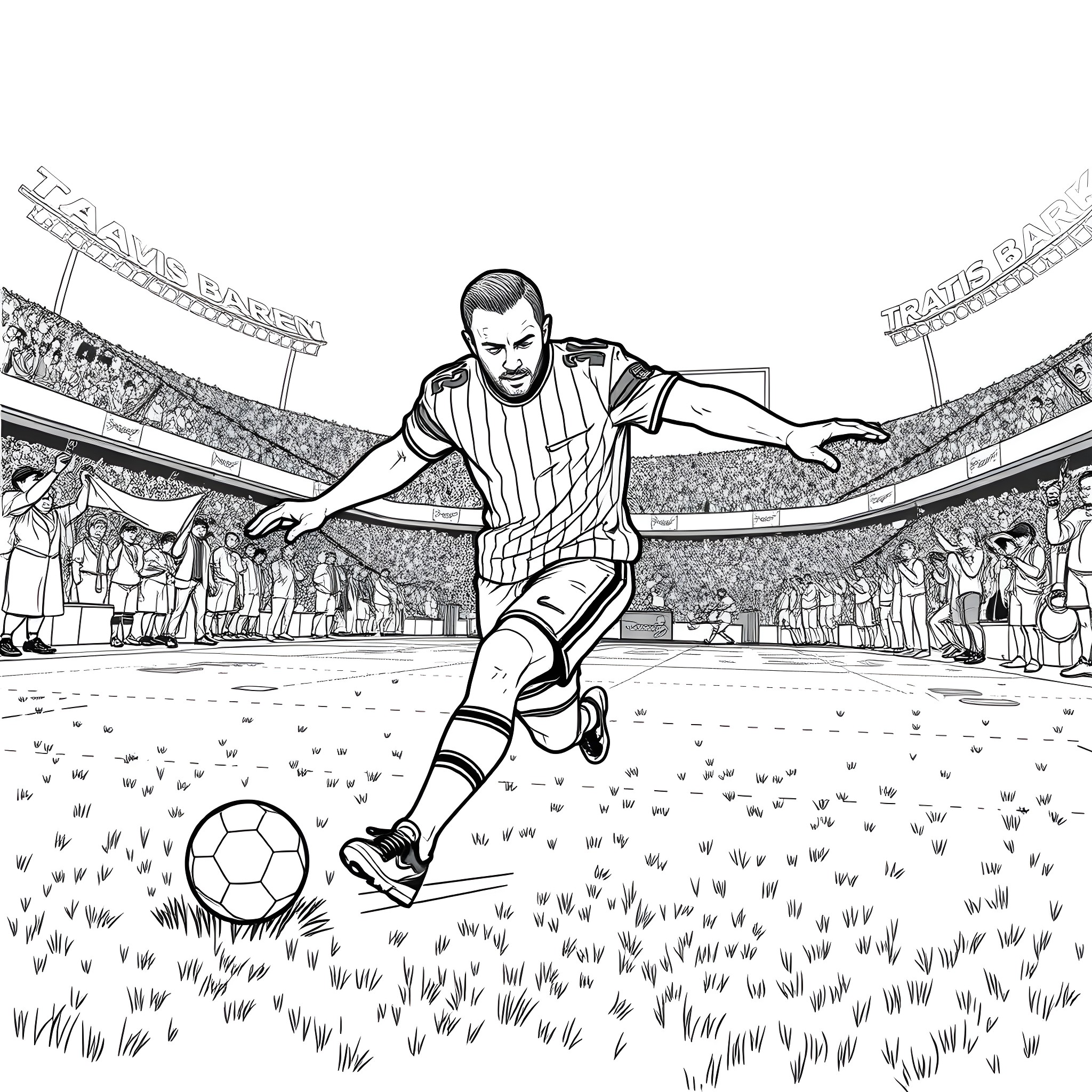 Travis Barker playing soccer in a stadium Coloring Page (free black-and-white line drawing printable PDF for all, from beginners to advanced learners, including children, teens, adults, and seniors)