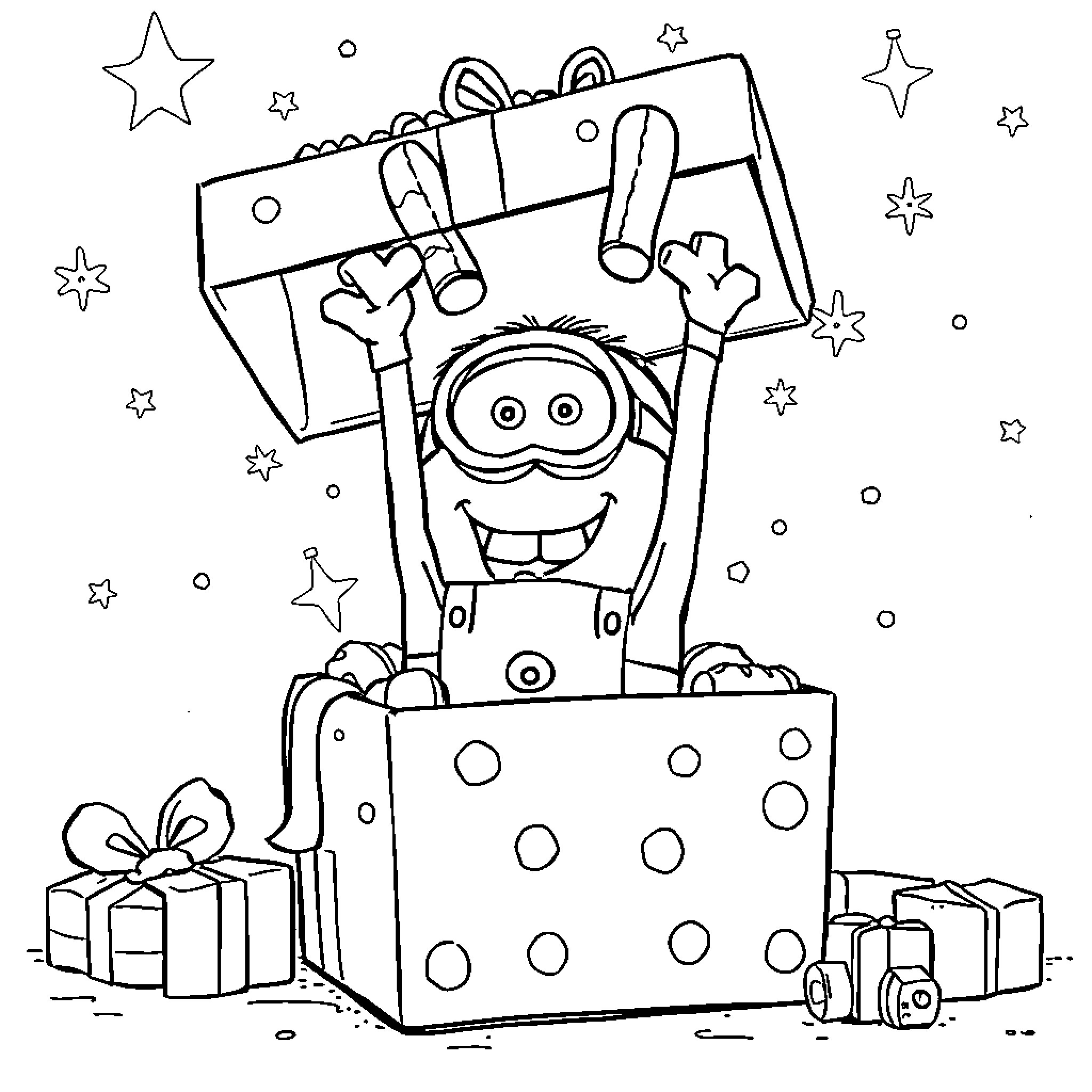 Minion celebrating with gifts and stars Coloring Page (free black-and-white line drawing printable PDF for all, from beginners to advanced learners, including children, teens, adults, and seniors)