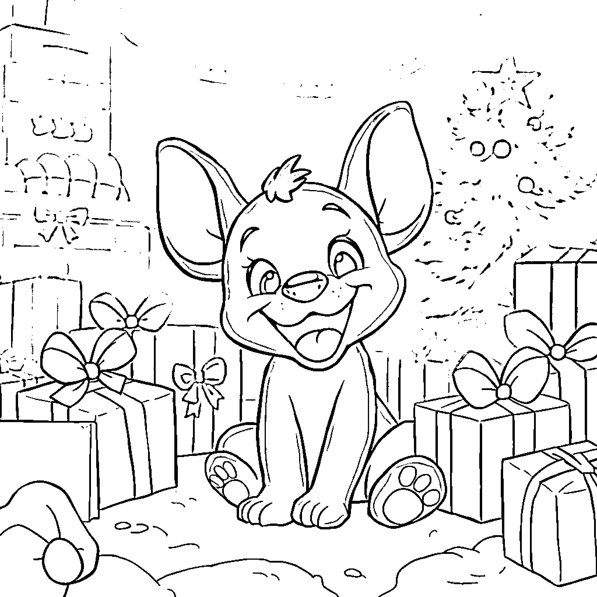 Bluey exploring a festive scene with presents Coloring Page (free black-and-white line drawing printable PDF for all, from beginners to advanced learners, including children, teens, adults, and seniors)