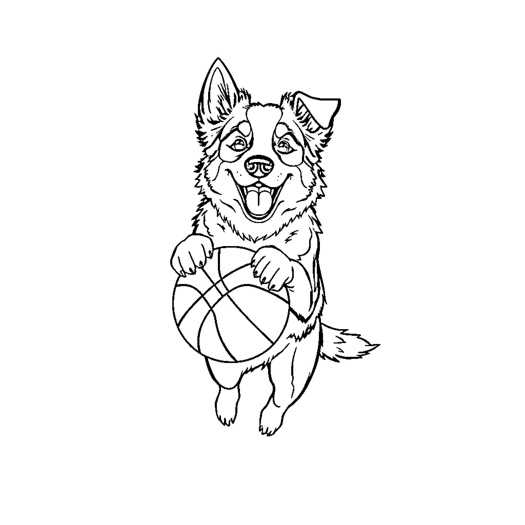Dog playing happily with basketball Coloring Page (free black-and-white line drawing printable PDF for all, from beginners to advanced learners, including children, teens, adults, and seniors)